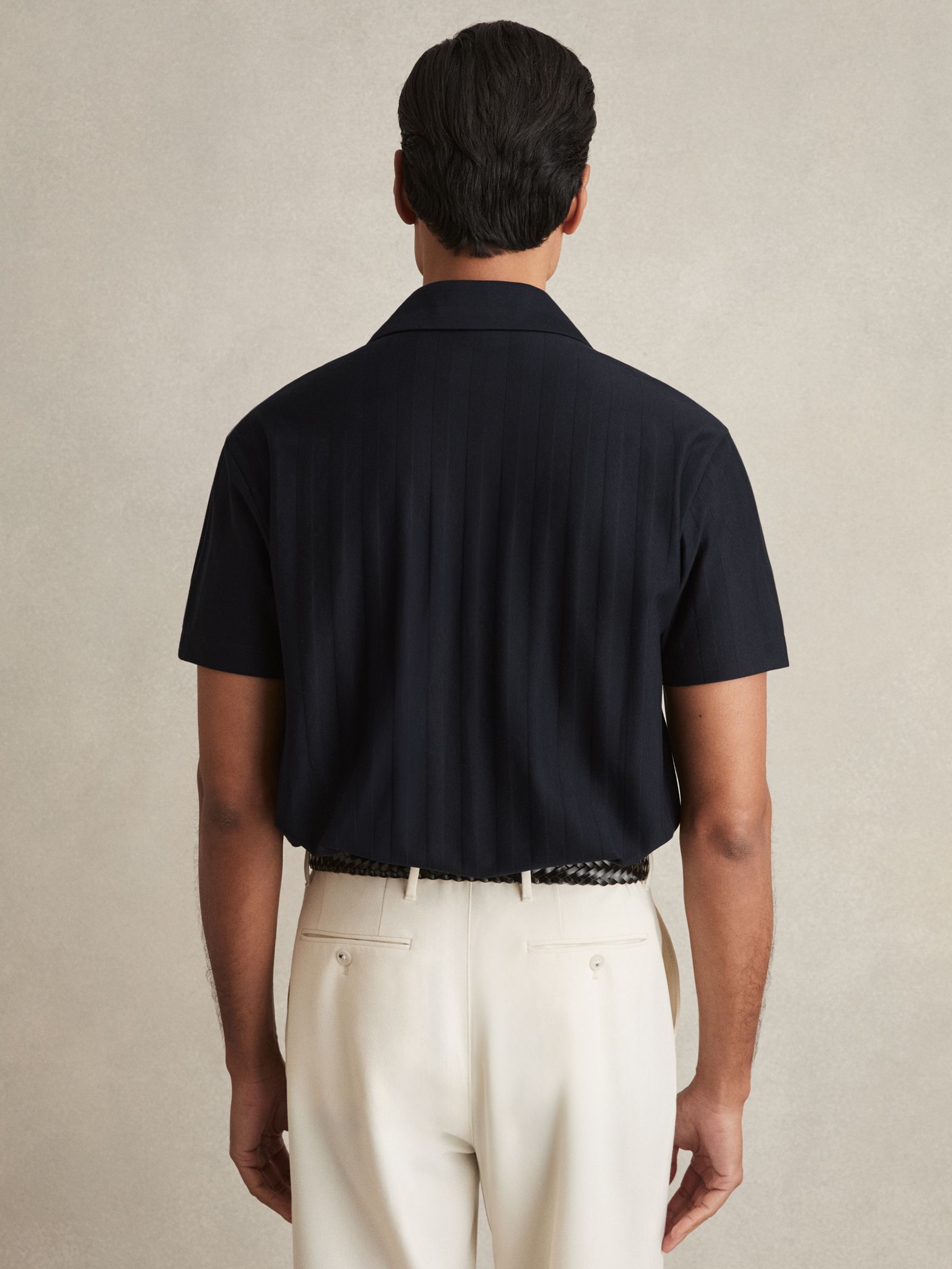 Cotton Textured Cuban-Collar Shirt in Navy - Image 5 of 6