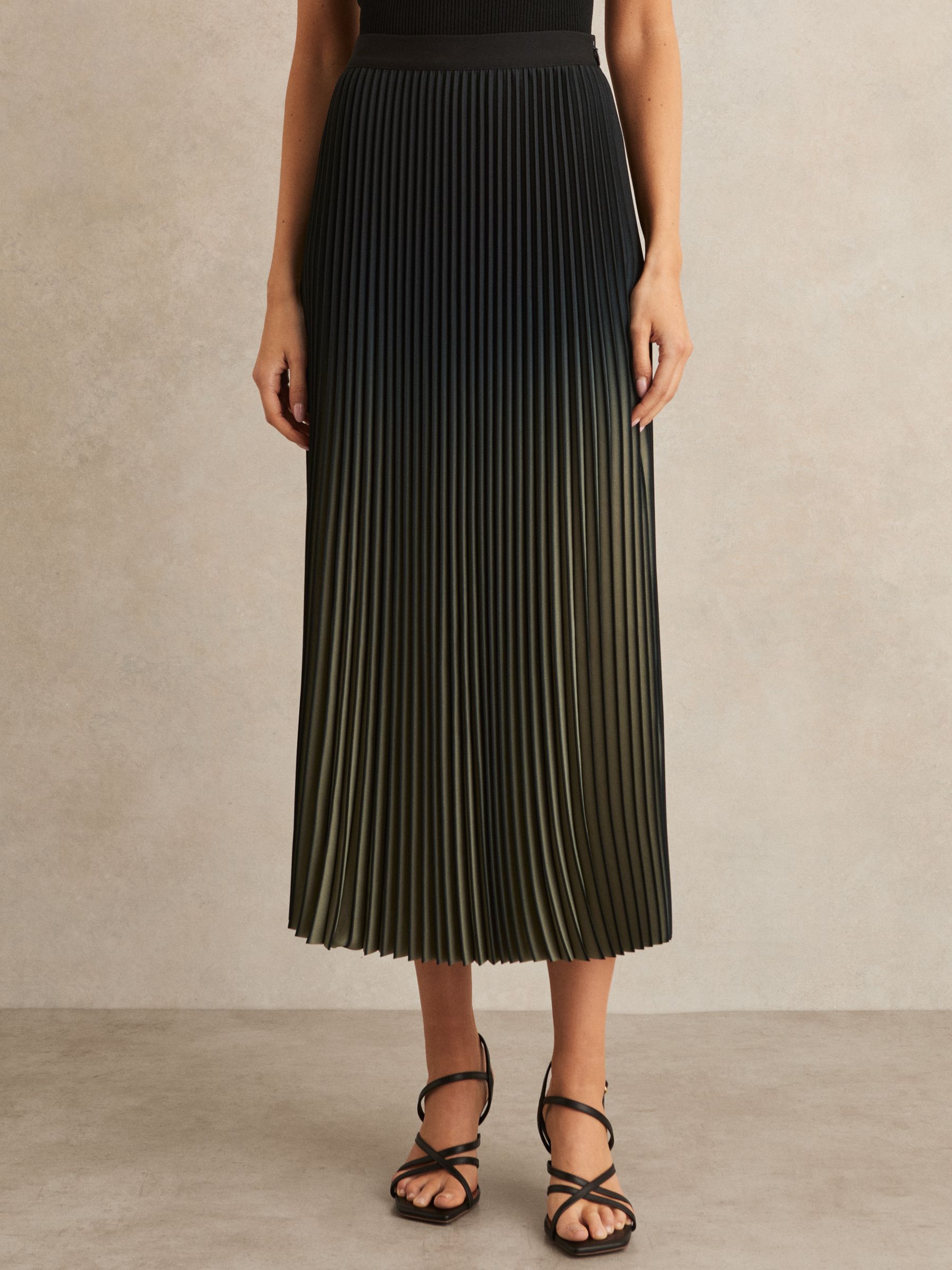 Ombré Pleated Midi Skirt in Khaki/Black - Image 3 of 6