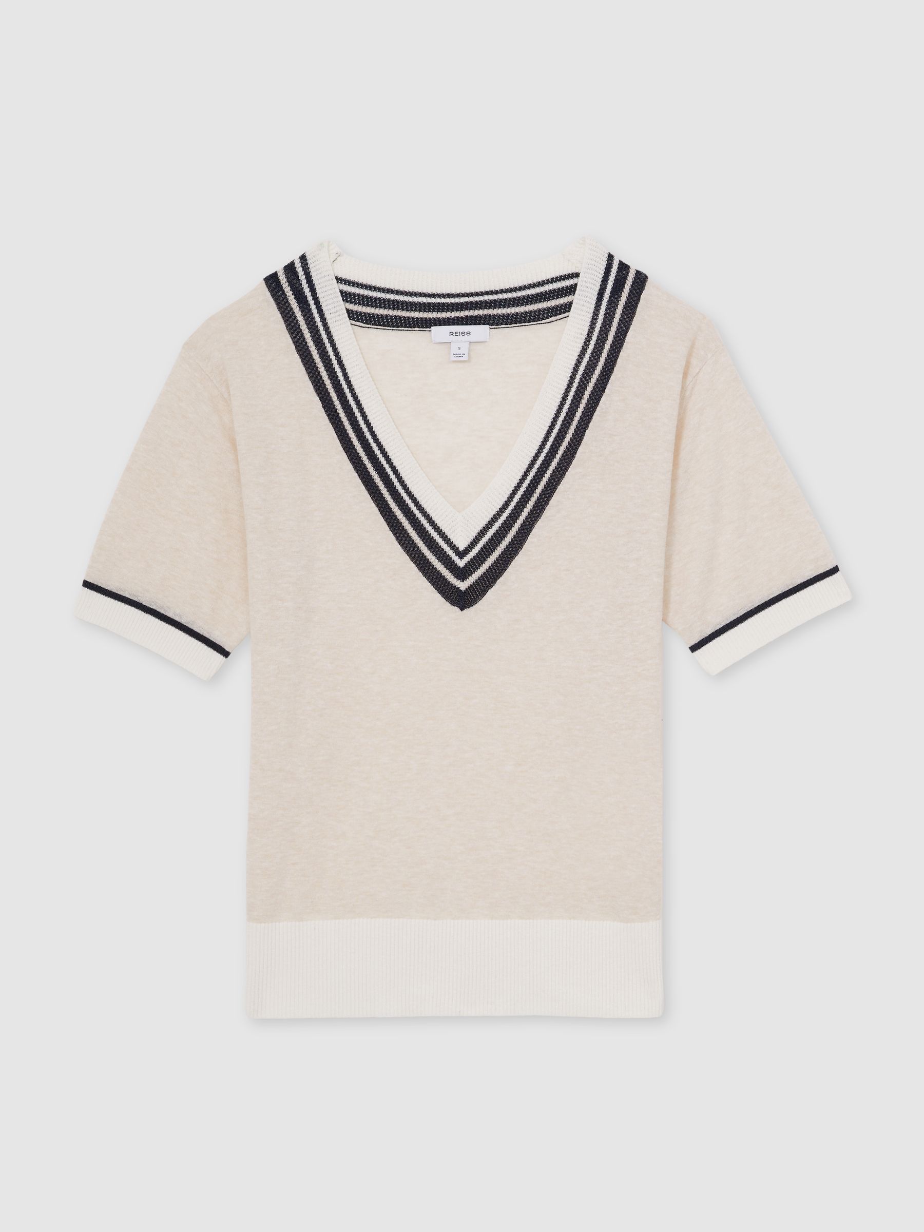 V-Neck Fine-Knit Cricket Top with Linen in Neutral - Image 2 of 6