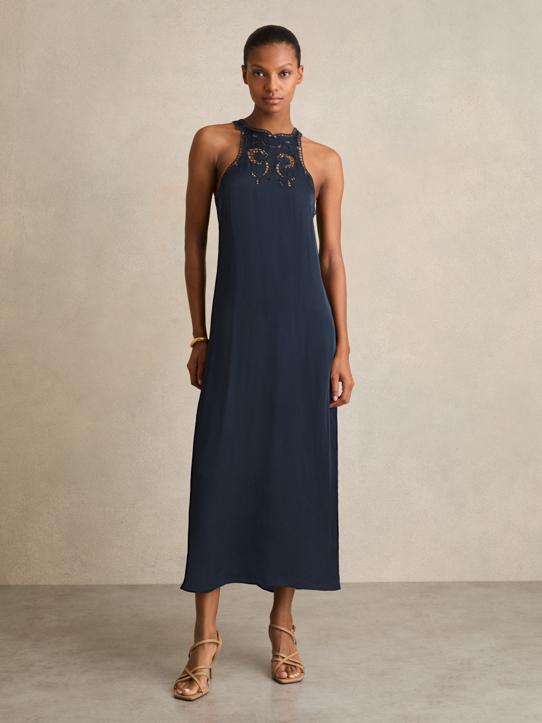 Satin Cut-Out Slip Dress in Navy - Image 3 of 7