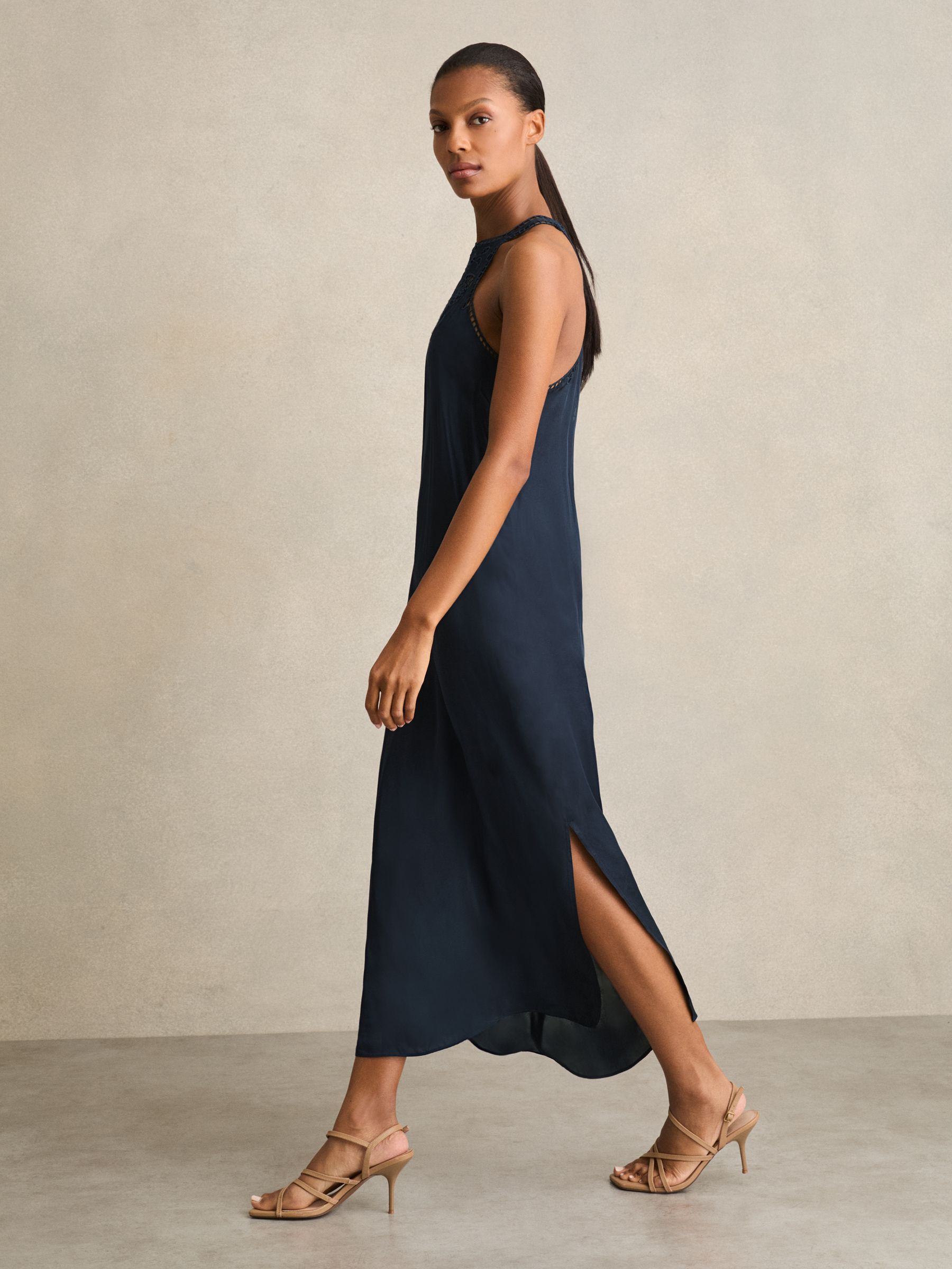 Satin Cut-Out Slip Dress in Navy - Image 6 of 7