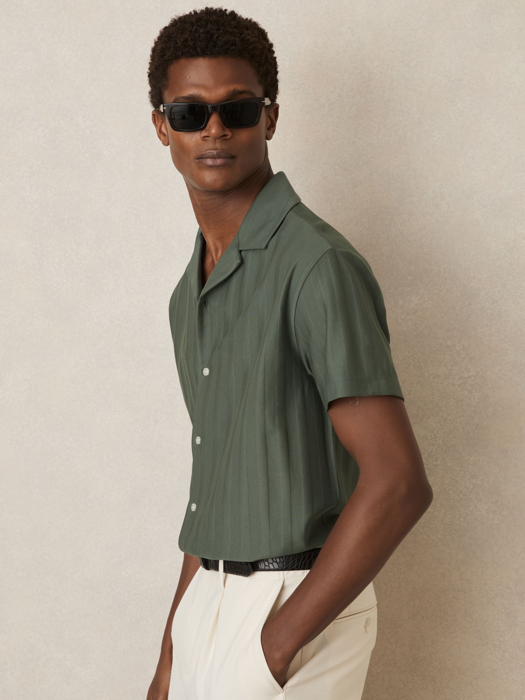 Cotton Textured Cuban-Collar Shirt in Sage - Image 3 of 6