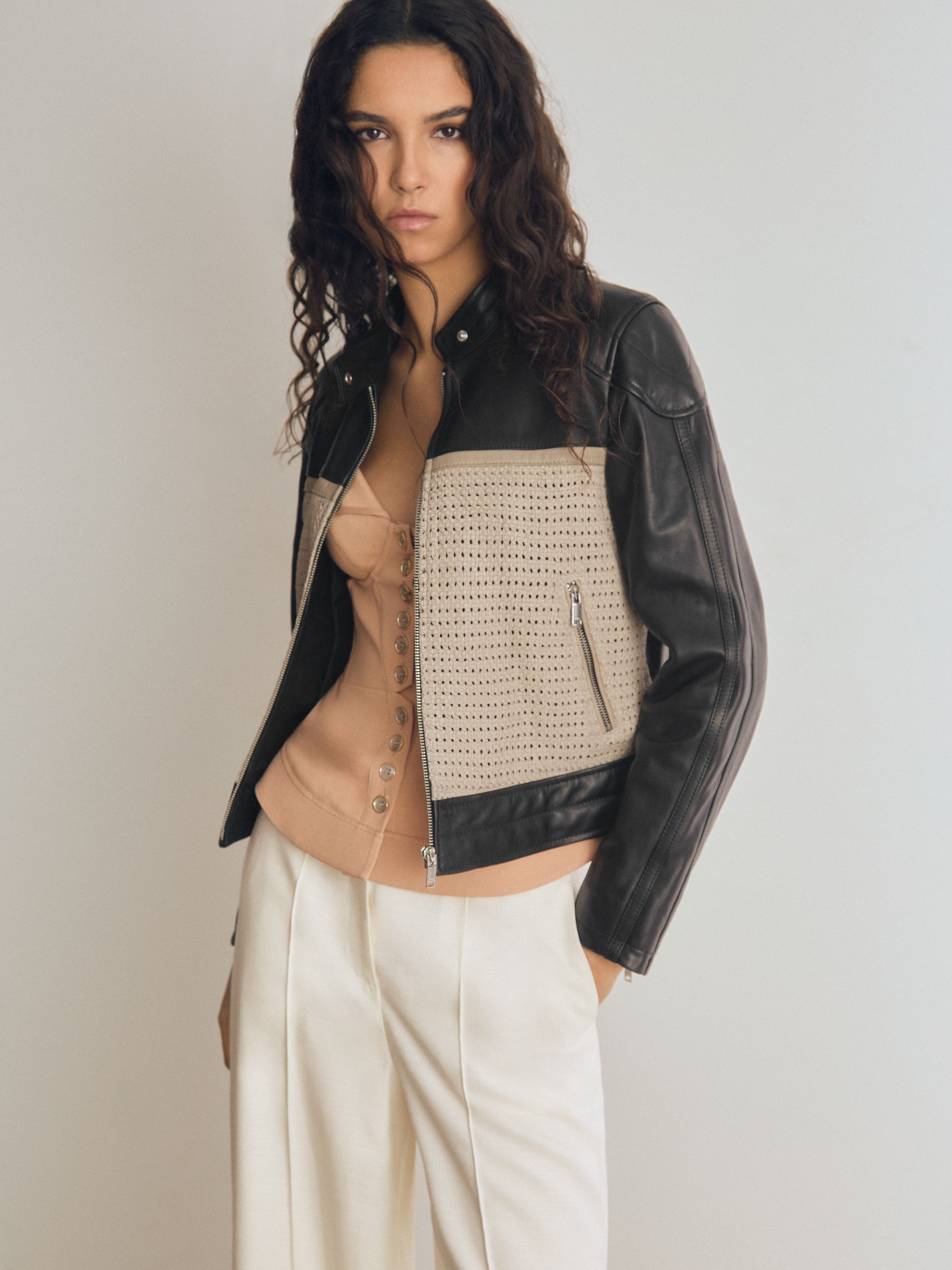 Atelier Leather Woven Biker Jacket in Black - Image 4 of 7