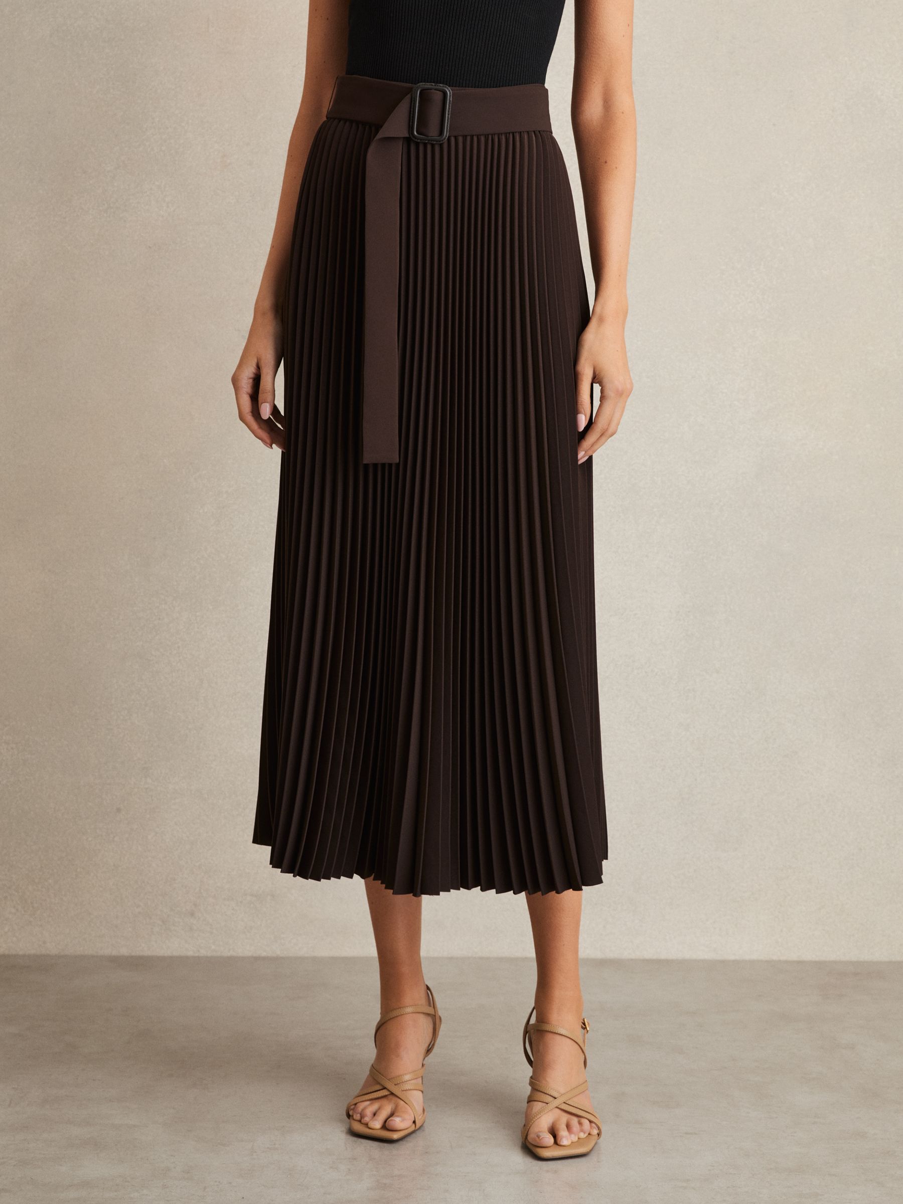 Pleated Belted Midi Skirt in Chocolate Brown - Image 3 of 7