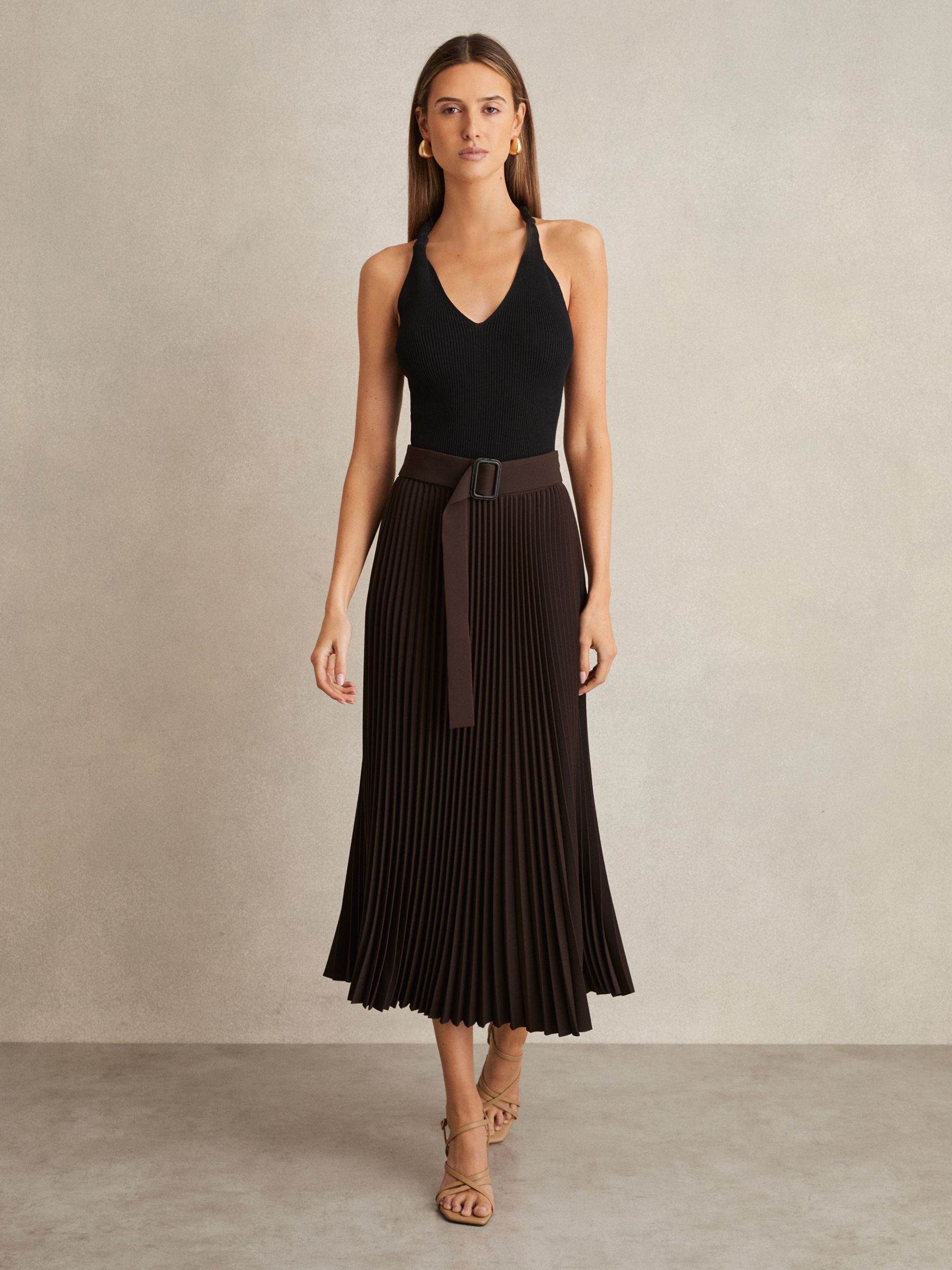 Pleated Belted Midi Skirt in Chocolate Brown - Image 5 of 7