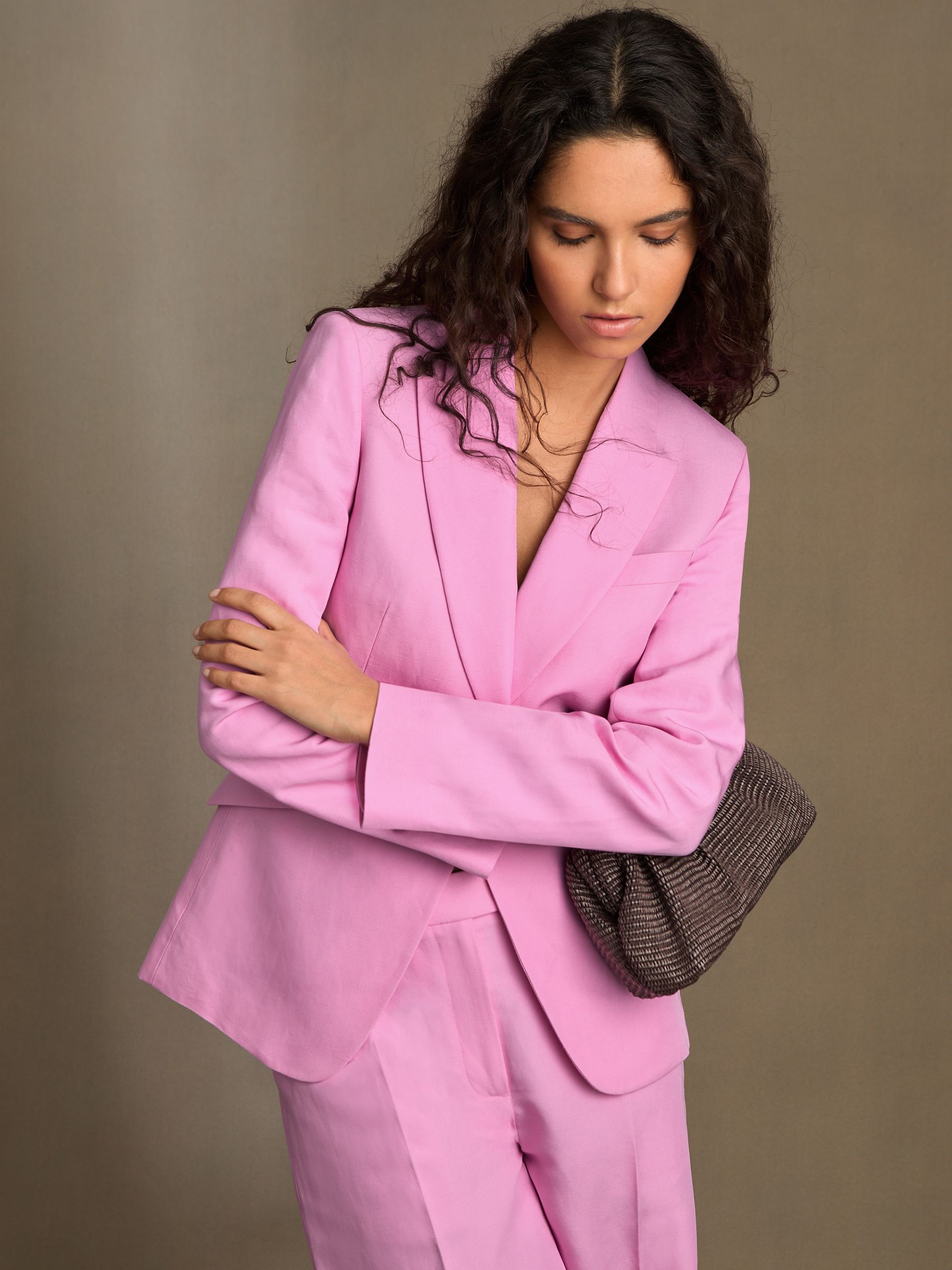 Petite Single Breasted Suit Jacket With Linen in Pink - Image 6 of 8