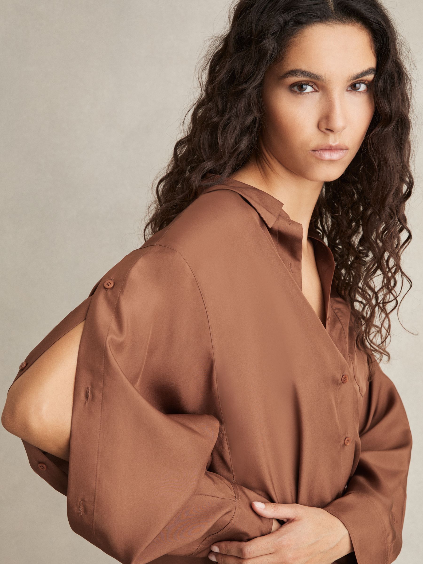 Silk Button Sleeve Shirt in Brown - Image 4 of 7