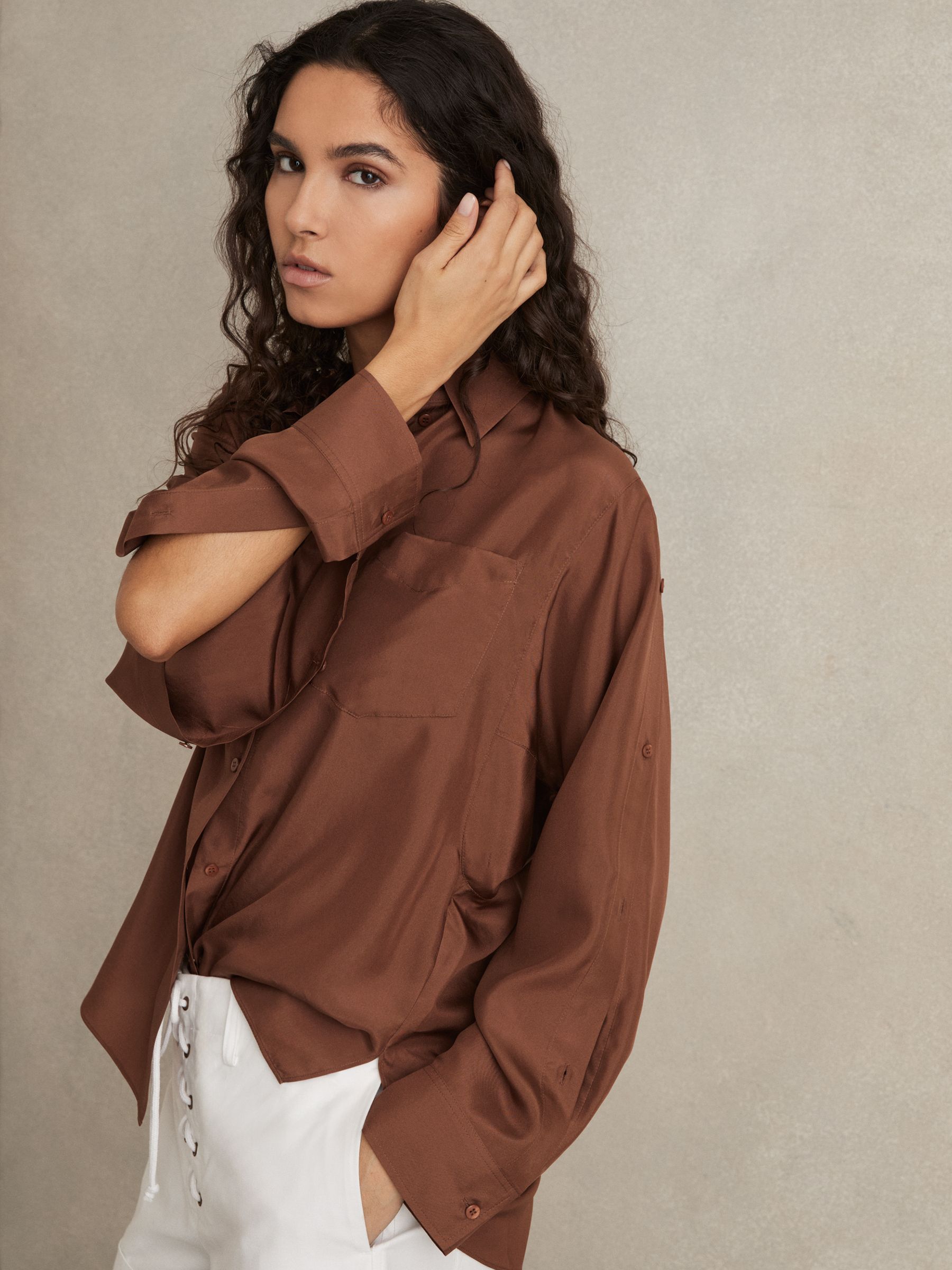 Silk Button Sleeve Shirt in Brown - Image 6 of 7