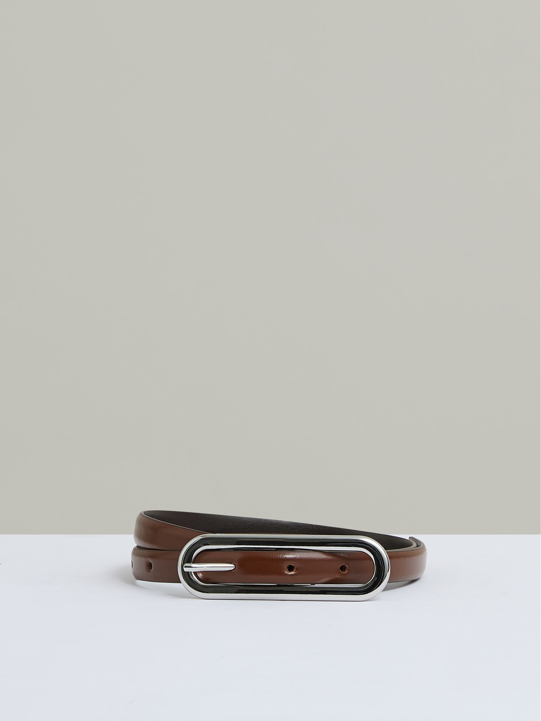 Thin Leather Elongated Buckle Belt in Tan - Image 1 of 5