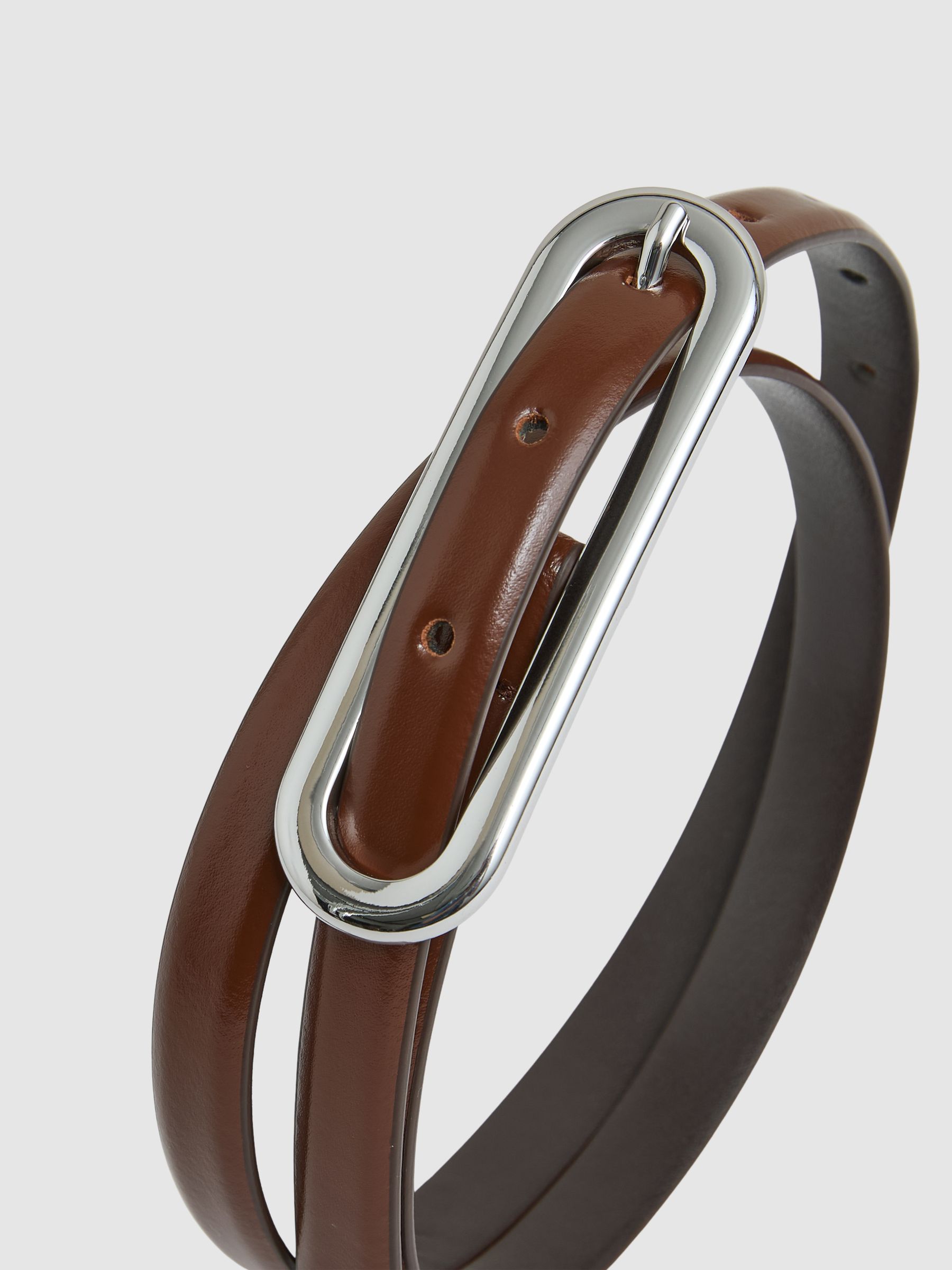 Thin Leather Elongated Buckle Belt in Tan - Image 5 of 5