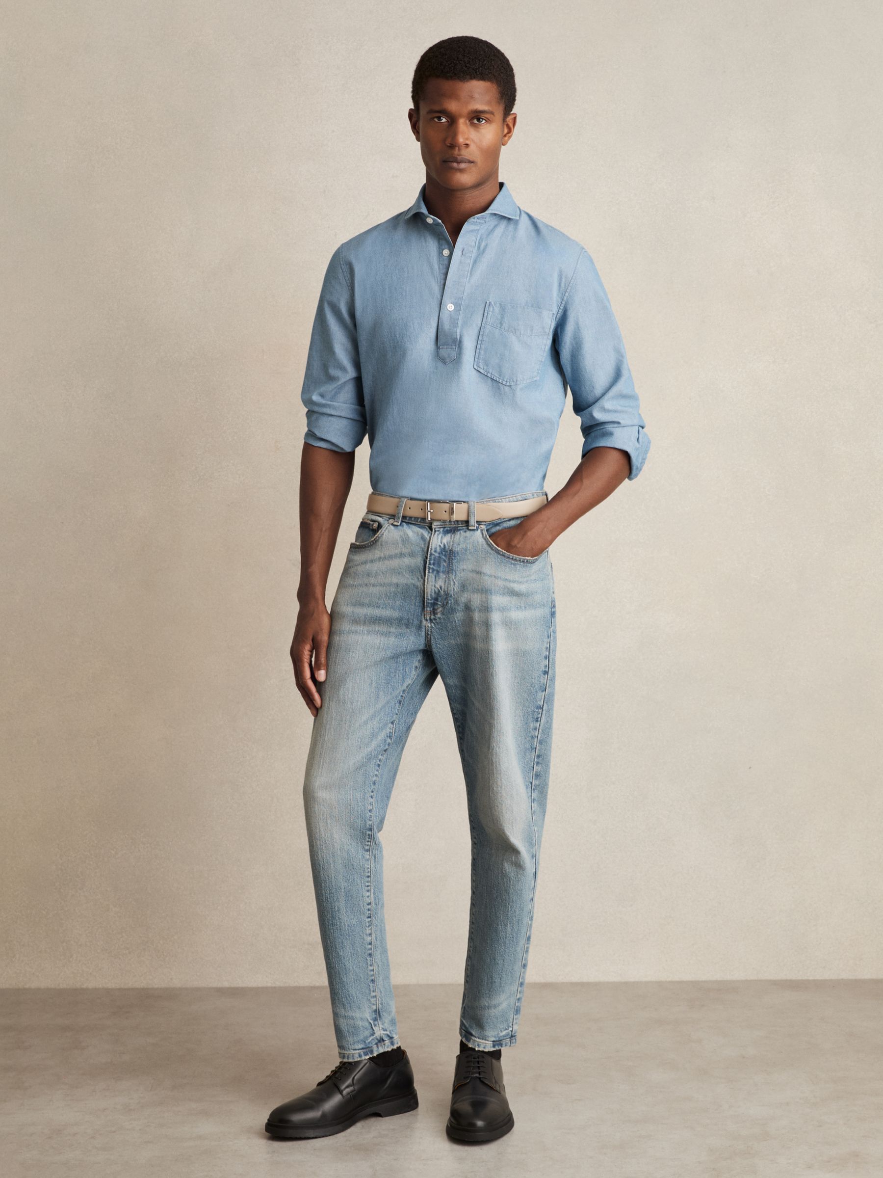 Cotton Cutaway-Collar Denim Shirt in Light Wash Indigo - Image 3 of 7
