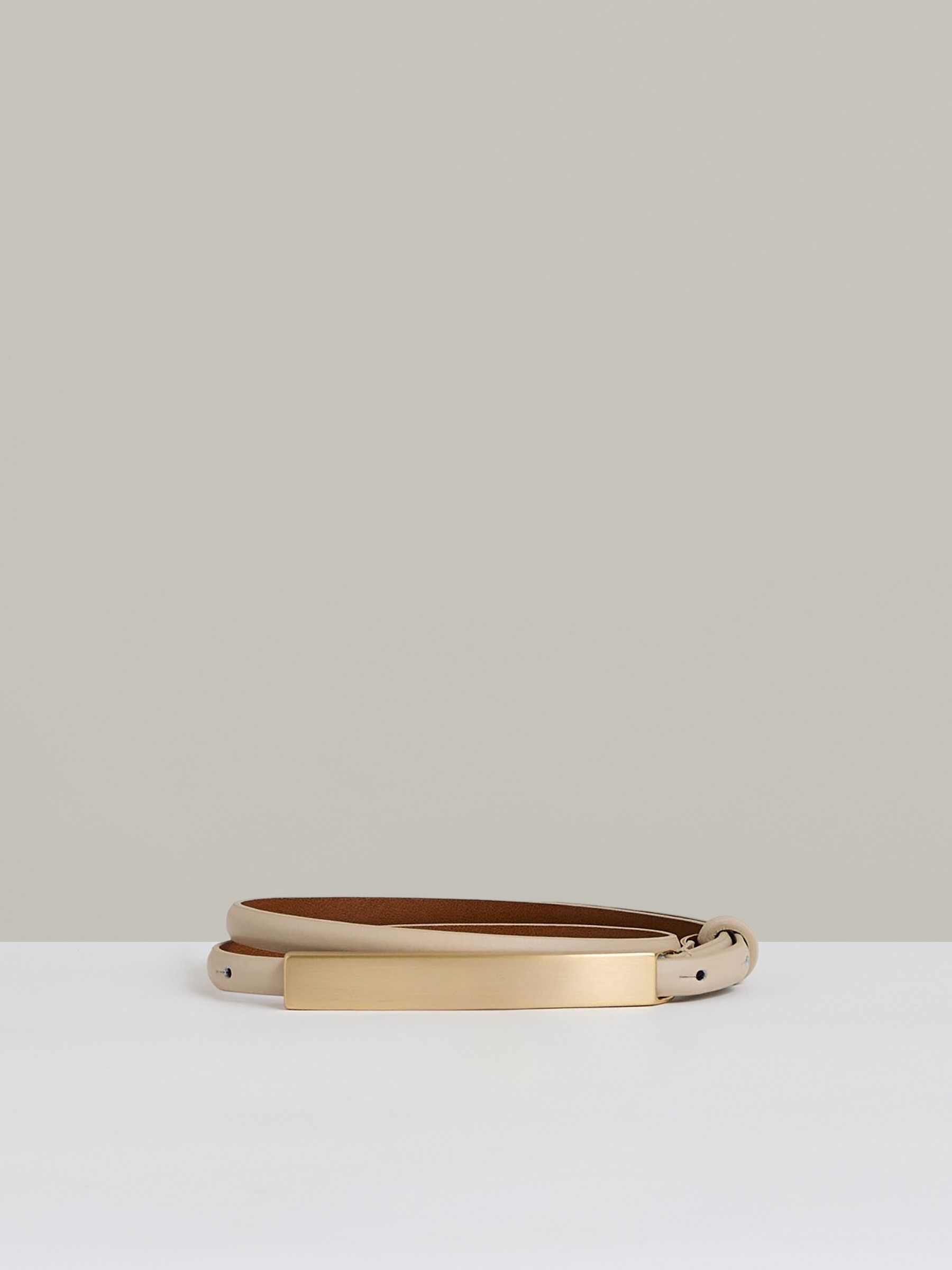 Leather Bar-Buckle Skinny Belt in Neutral - Image 1 of 4