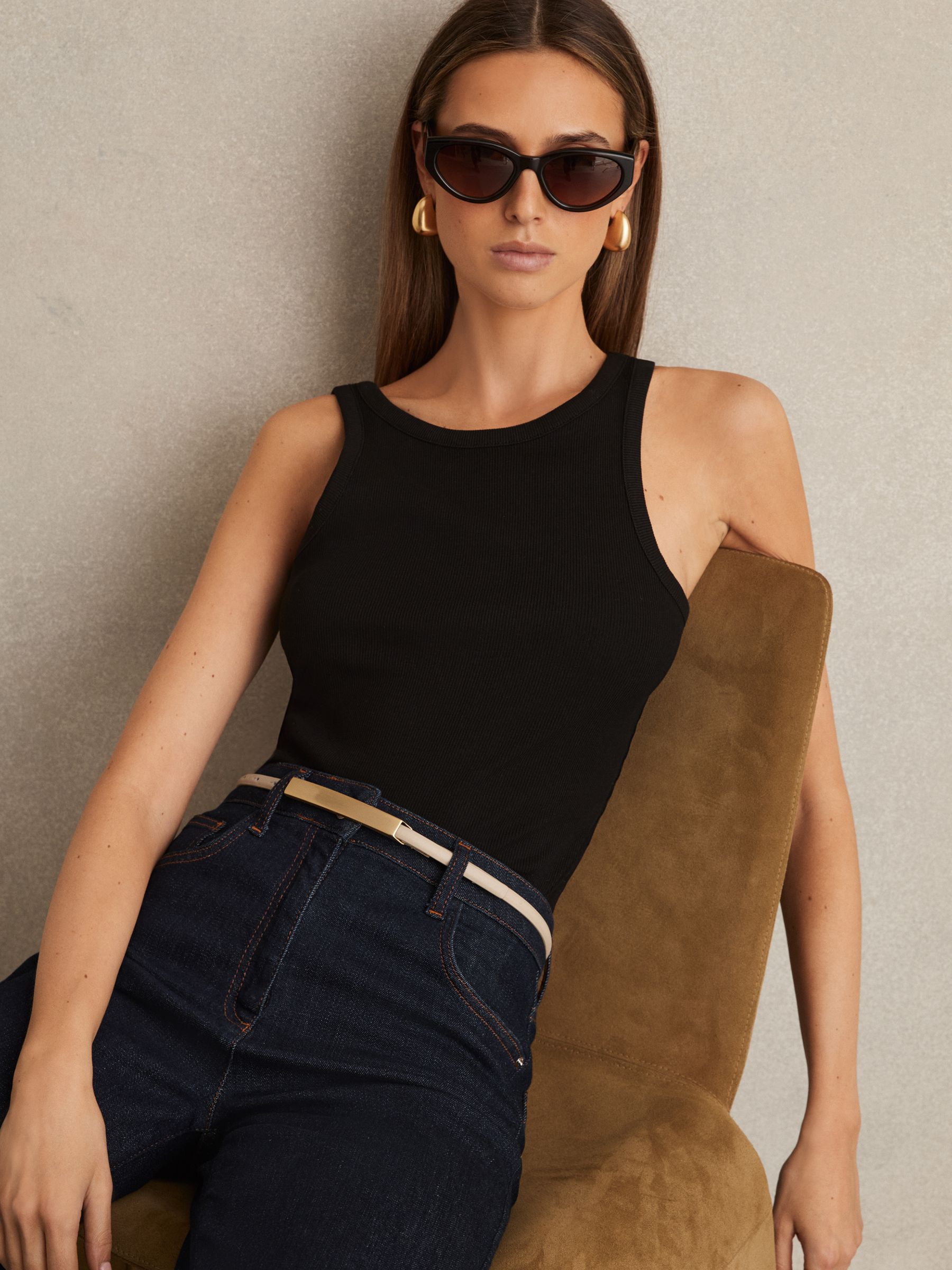 Leather Bar-Buckle Skinny Belt in Neutral - Image 2 of 4