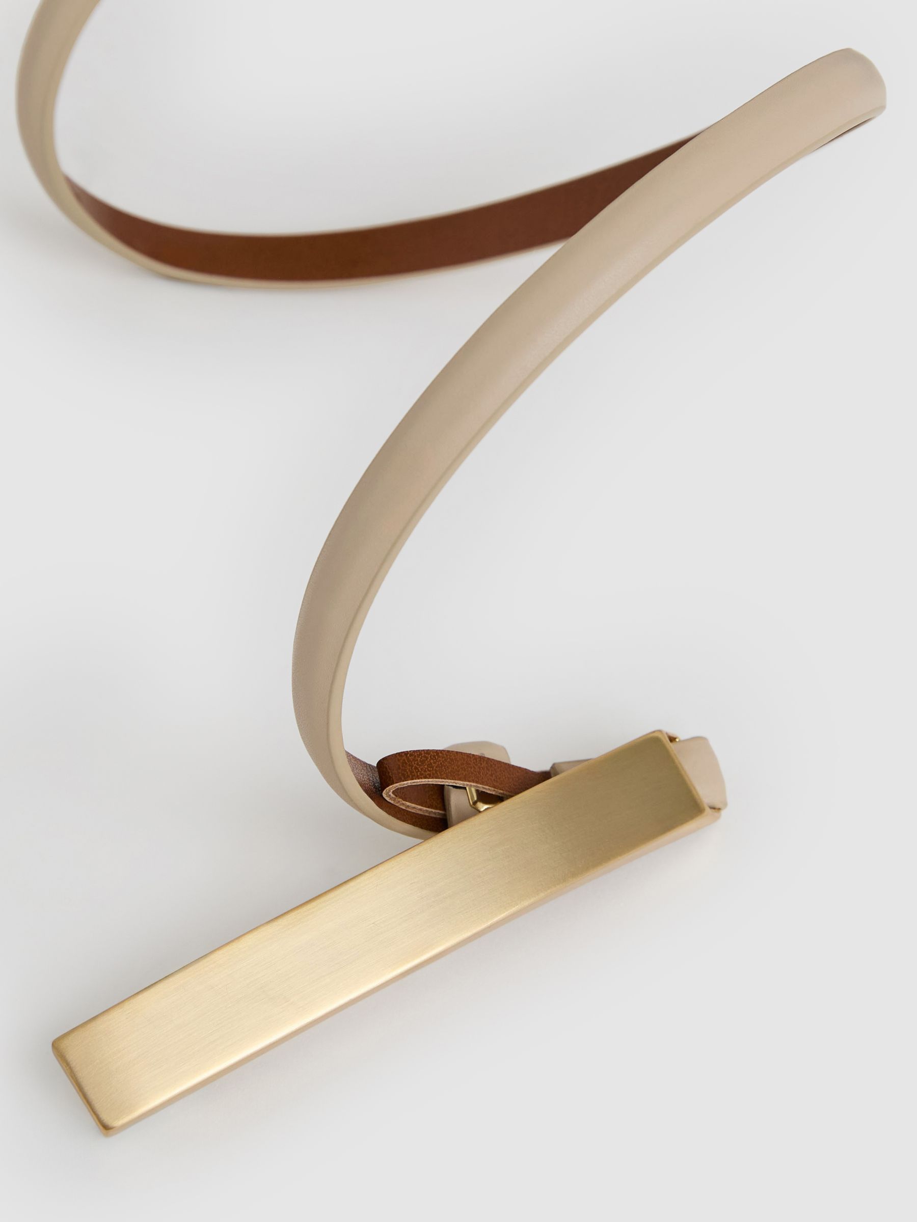 Leather Bar-Buckle Skinny Belt in Neutral - Image 4 of 4