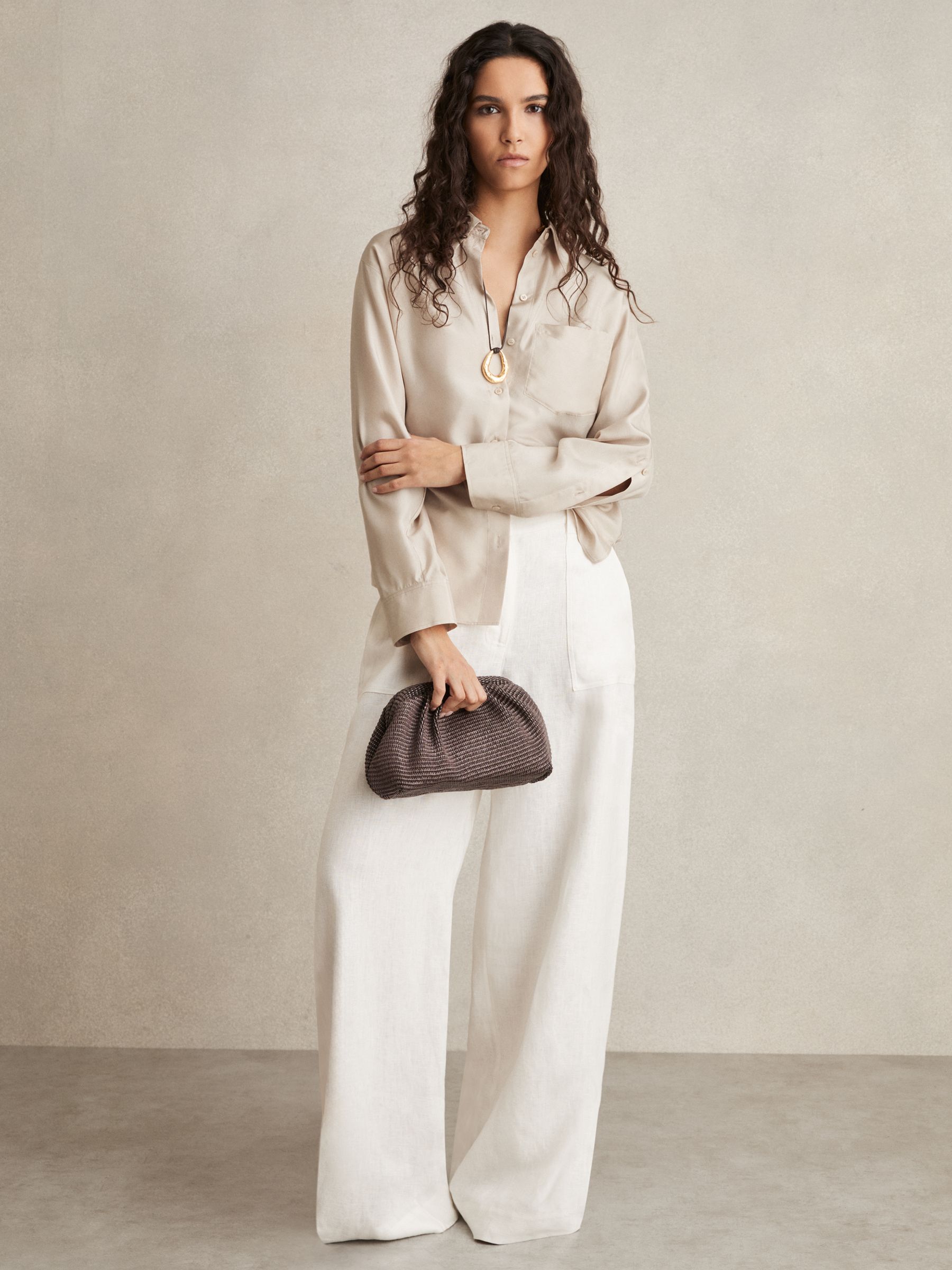Silk Button Sleeve Shirt in Stone - Image 3 of 7
