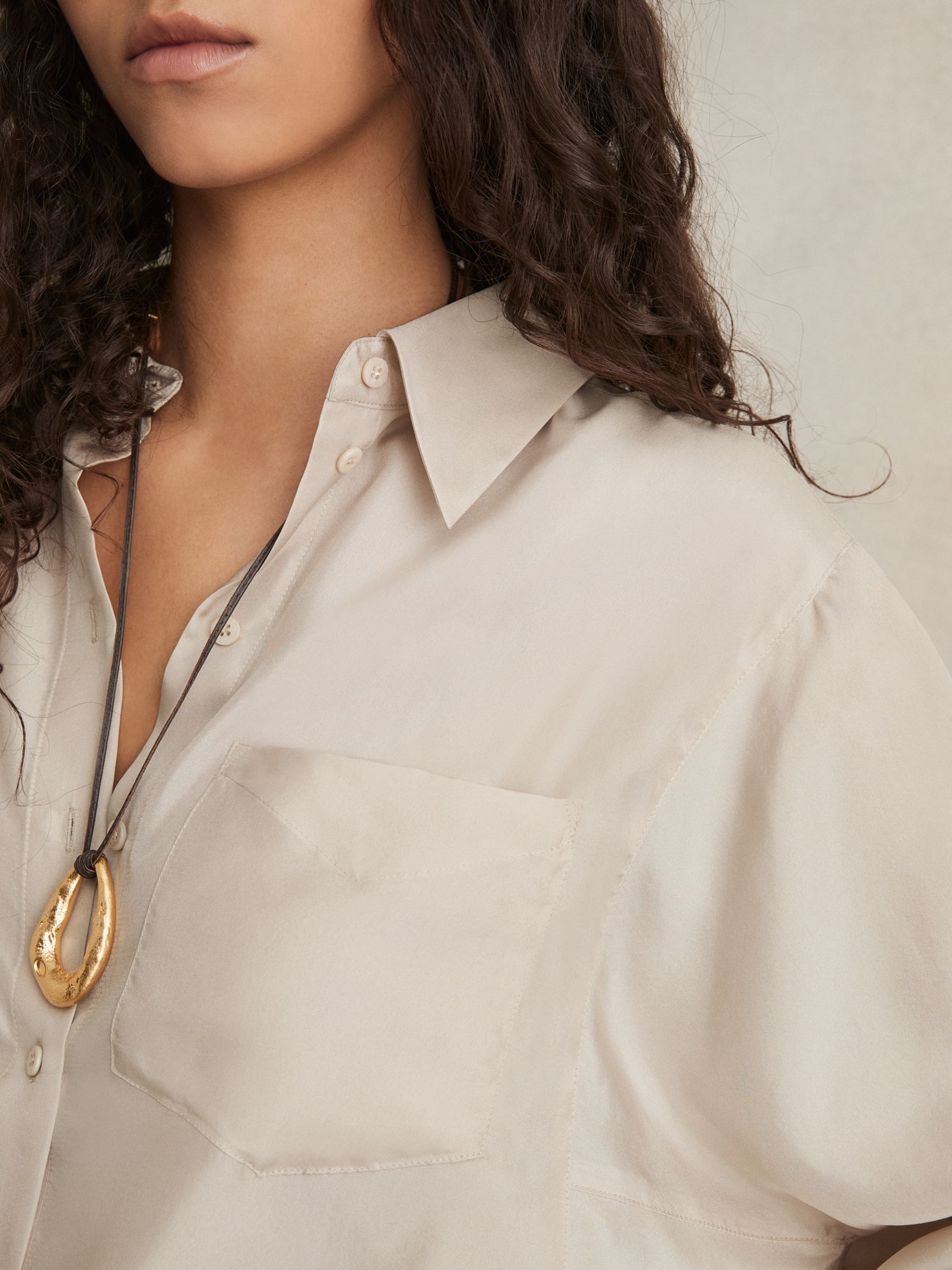 Silk Button Sleeve Shirt in Stone - Image 4 of 7