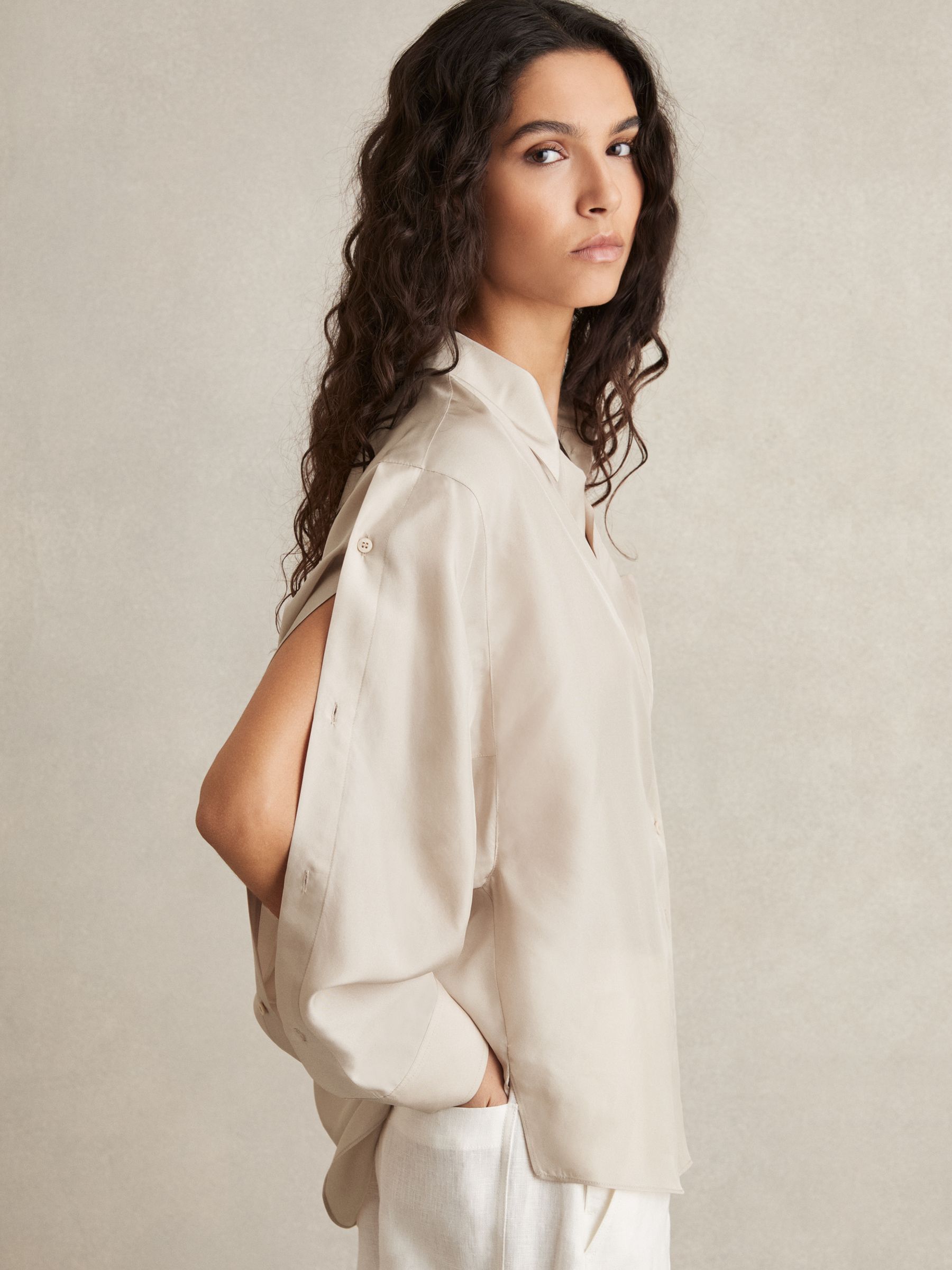 Silk Button Sleeve Shirt in Stone - Image 5 of 7