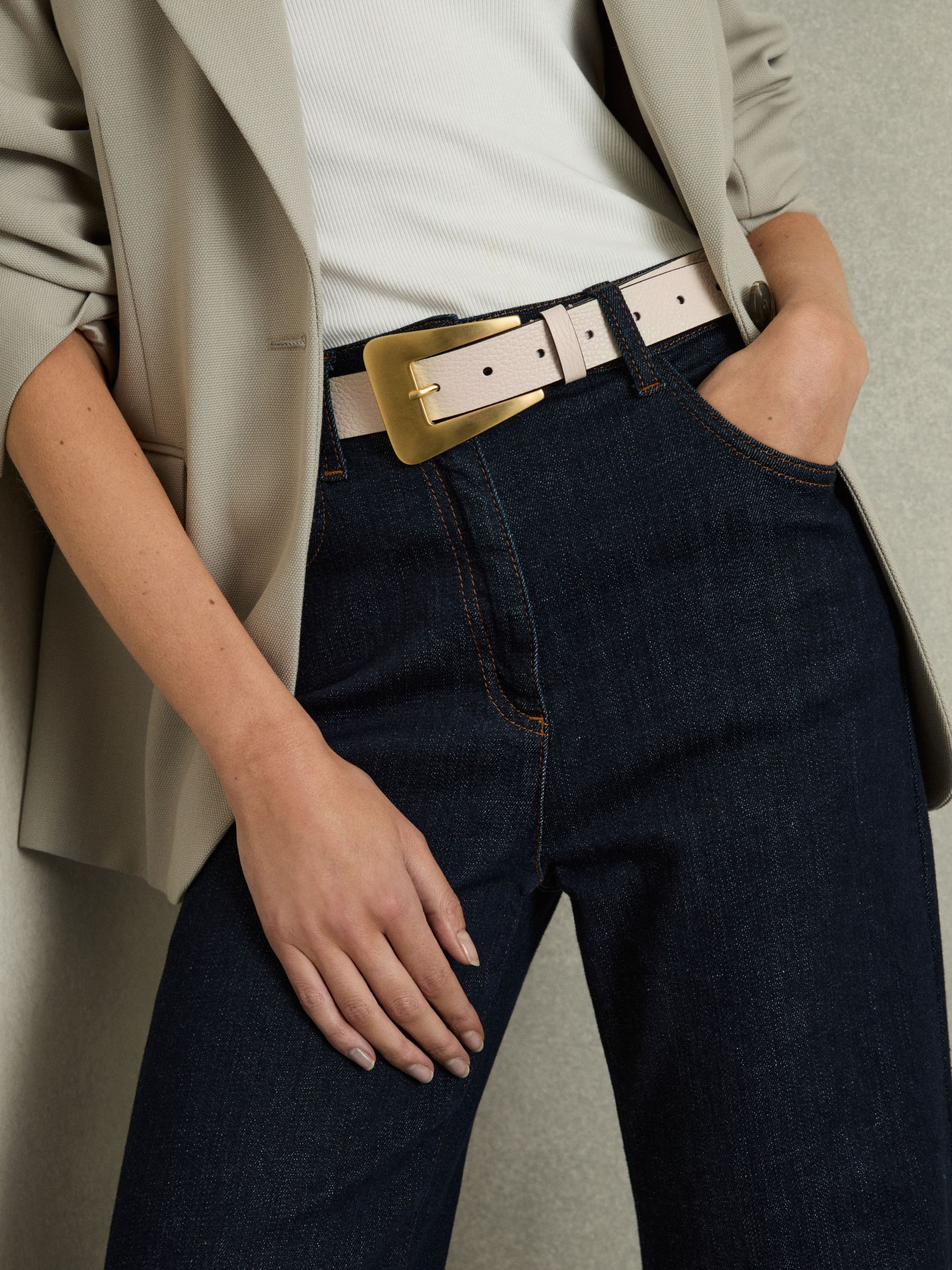 Leather Statement Buckle Belt in Off White - Image 5 of 5