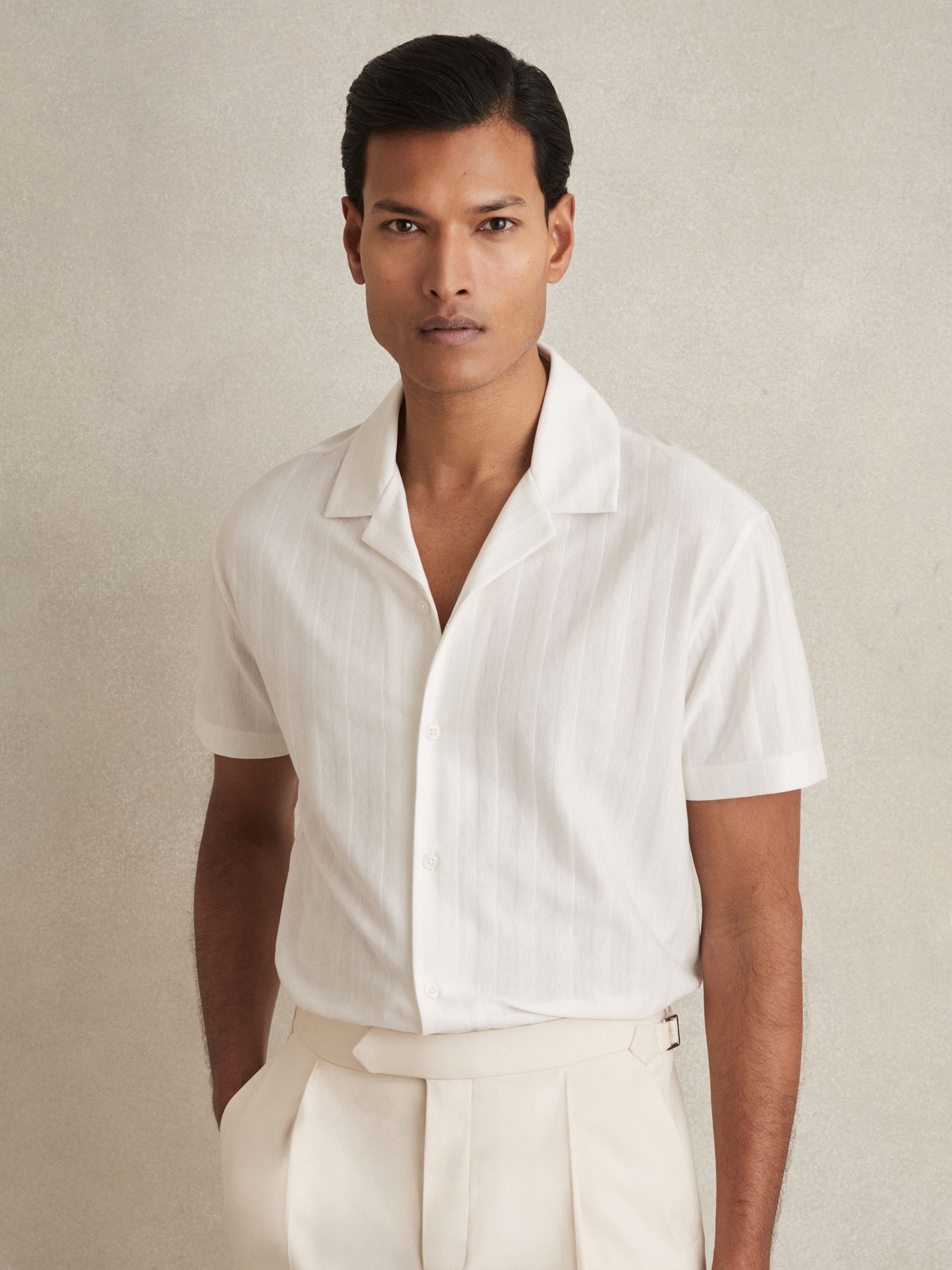 Cotton Textured Cuban-Collar Shirt in White - Image 1 of 6 Cotton Textured Cuban-Collar Shirt in White - Image 1 of 6