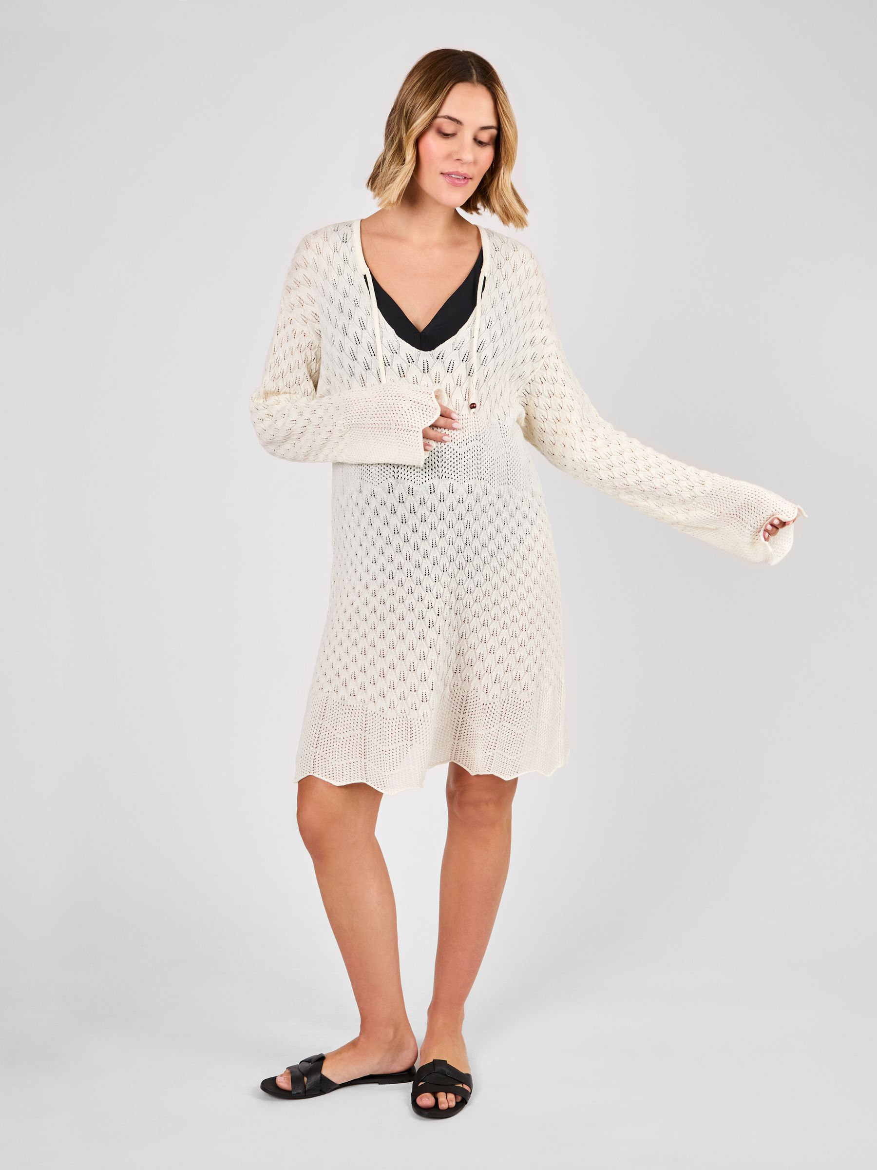White Maternity Lace Knit Kaftan Dress - Image 2 of 5