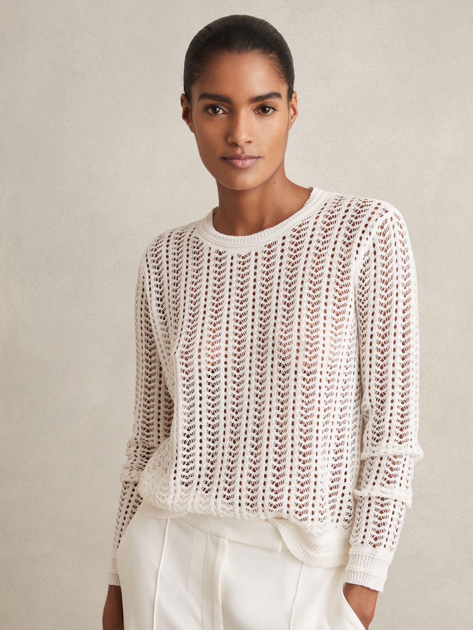 Reiss Open Knit Crew Neck Jumper In White REISS Reiss Open Knit Crew Neck Jumper In White REISS