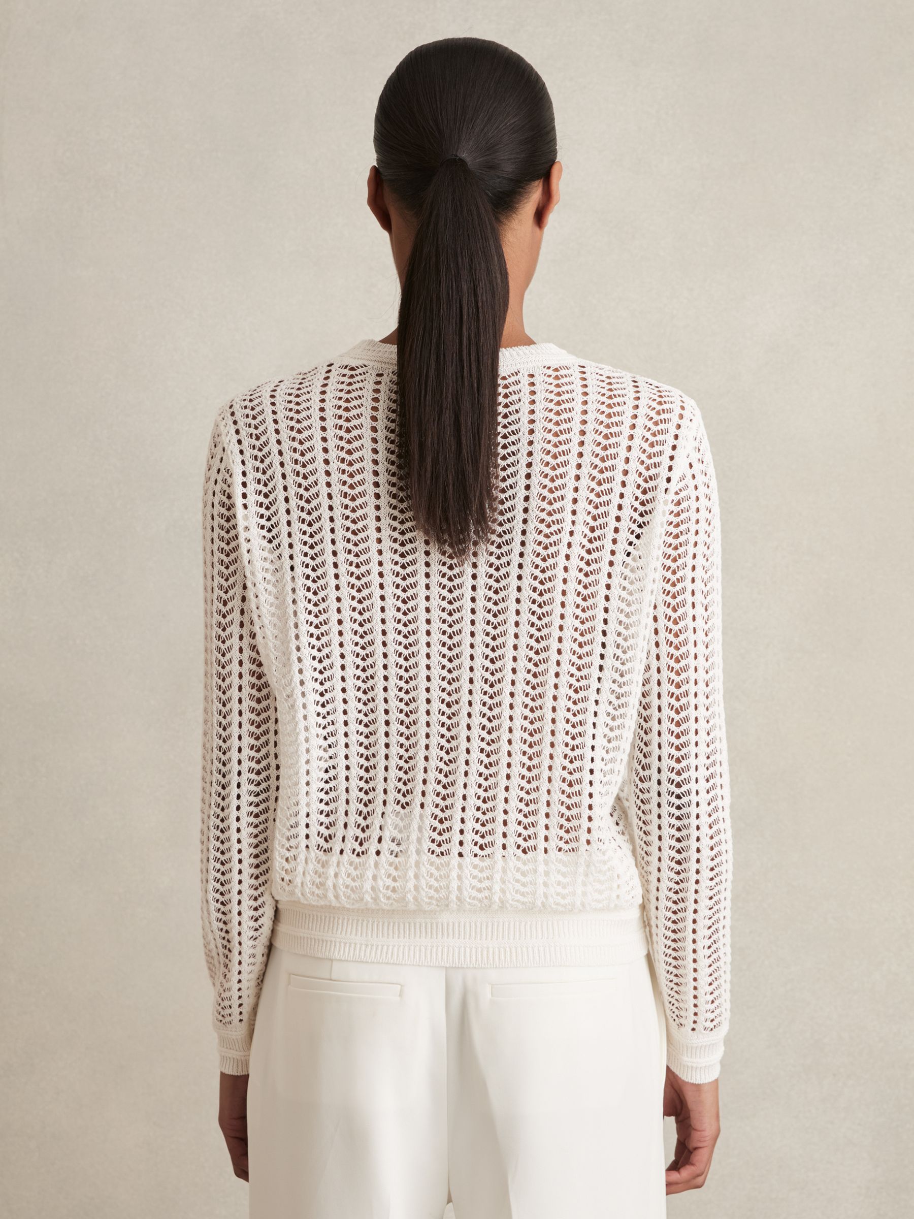 Reiss Open Knit Crew Neck Jumper In White REISS Reiss Open Knit Crew Neck Jumper In White REISS