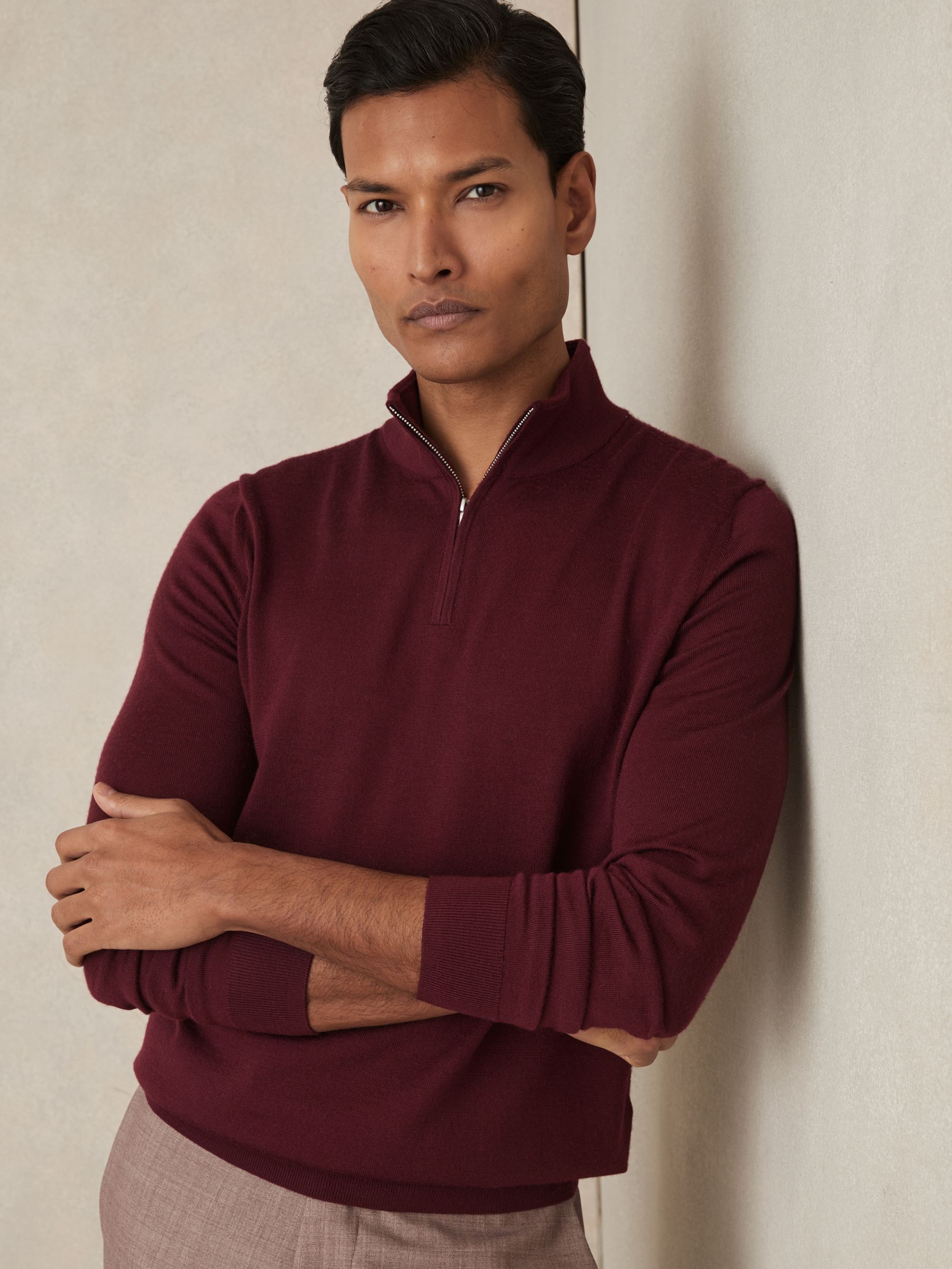 Merino Wool Half-Zip Funnel Neck Jumper in Claret Red - Image 1 of 6