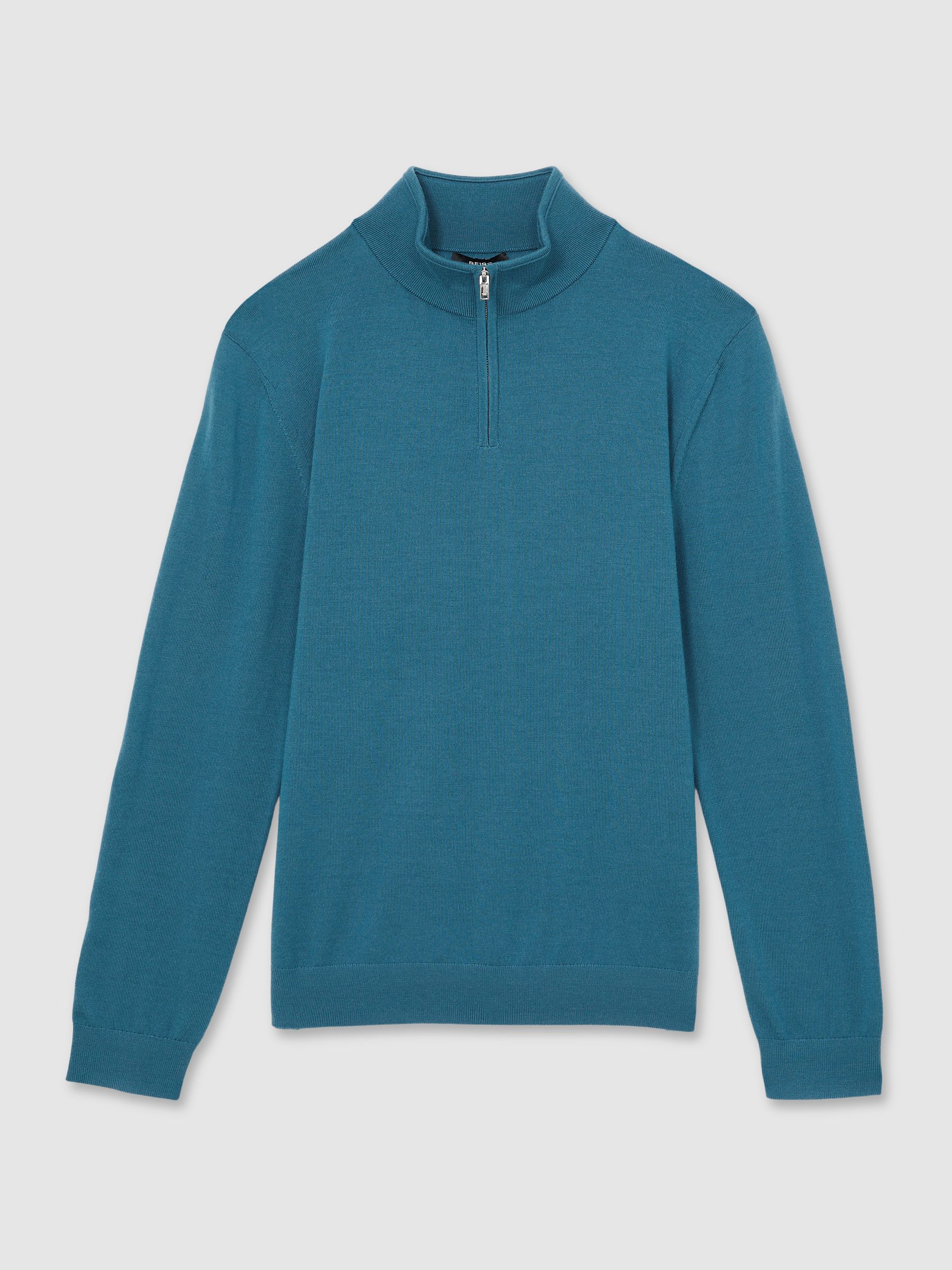 Merino Wool Half-Zip Funnel Neck Jumper in Deep Teal Blue - Image 2 of 6