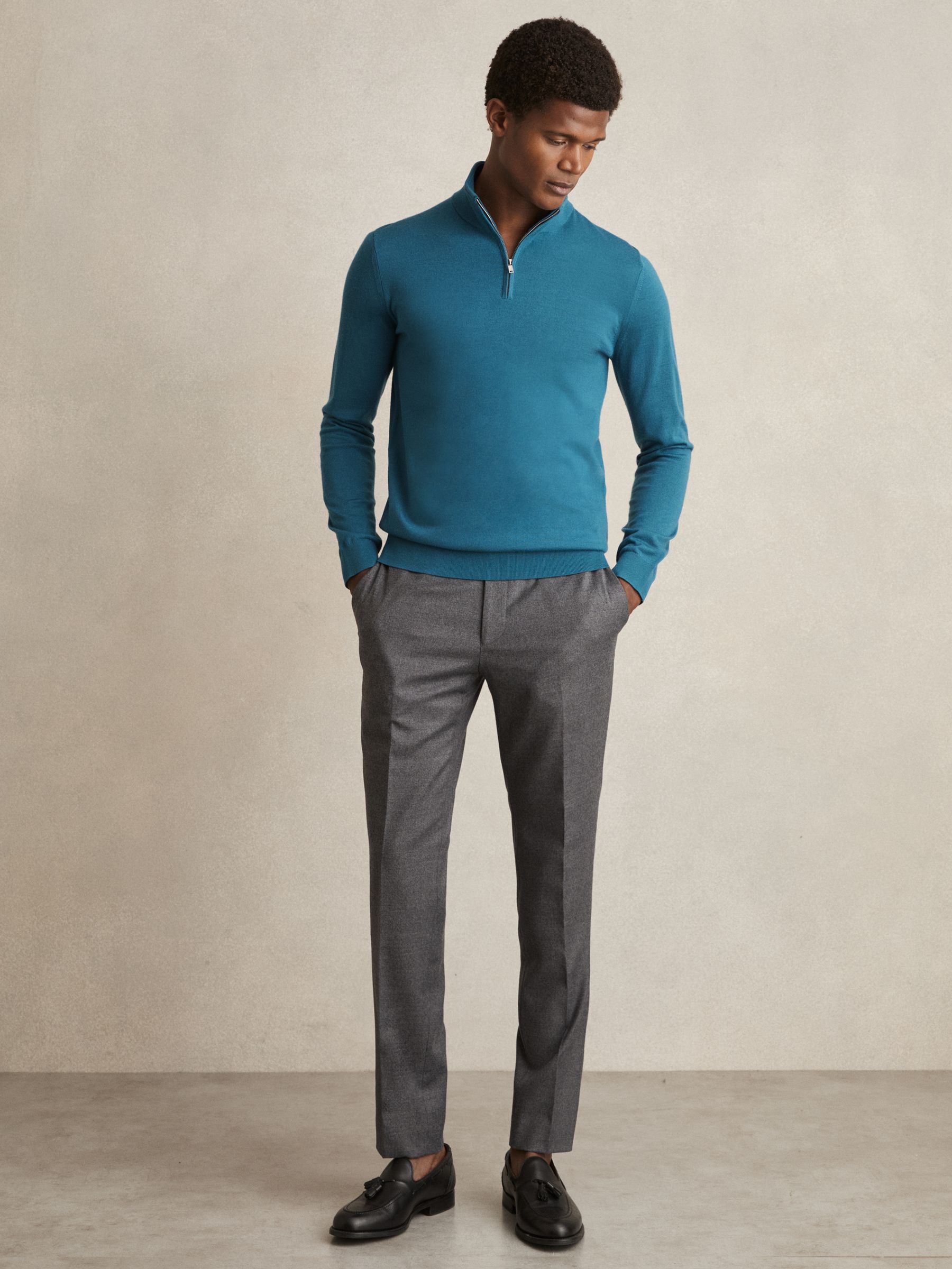 Merino Wool Half-Zip Funnel Neck Jumper in Deep Teal Blue - Image 3 of 6