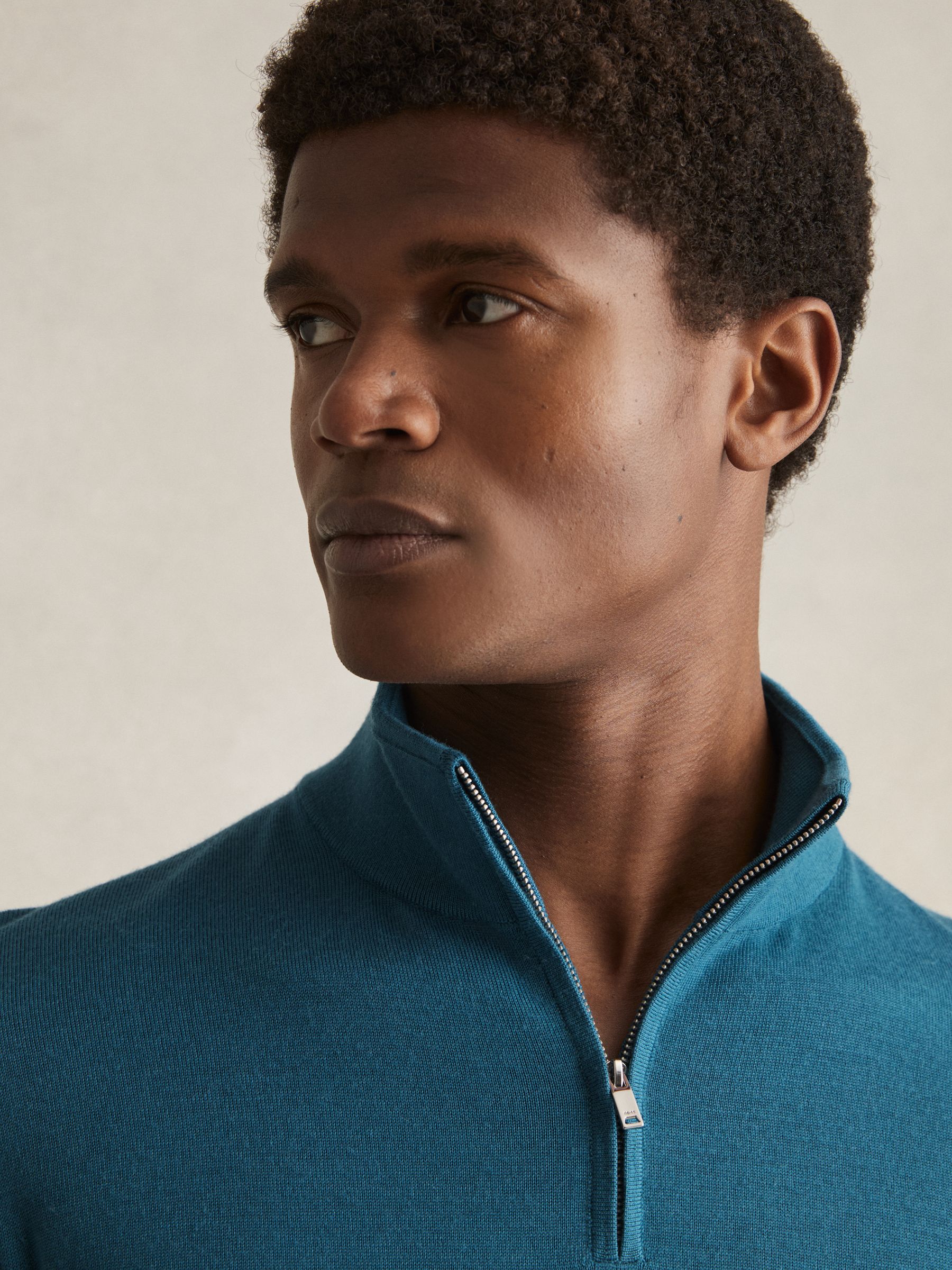 Merino Wool Half-Zip Funnel Neck Jumper in Deep Teal Blue - Image 4 of 6