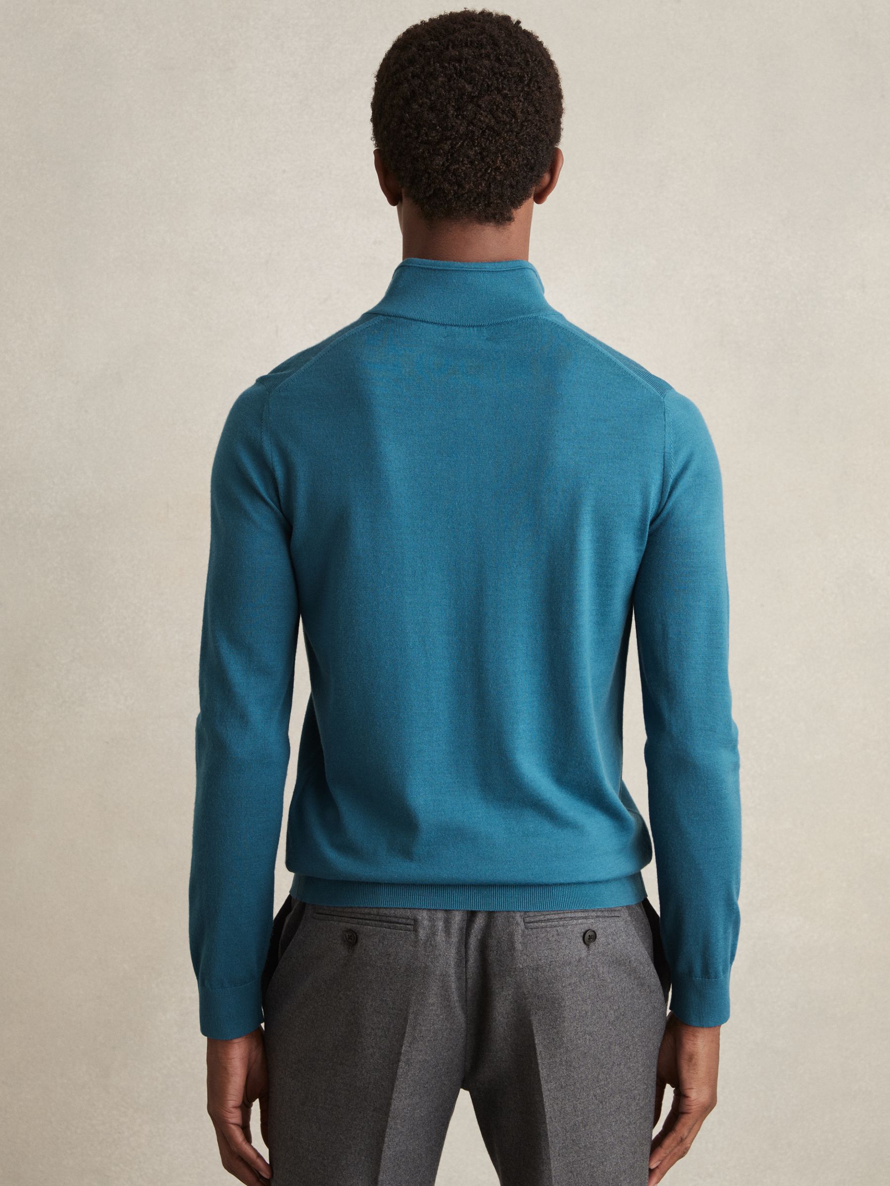 Merino Wool Half-Zip Funnel Neck Jumper in Deep Teal Blue - Image 5 of 6