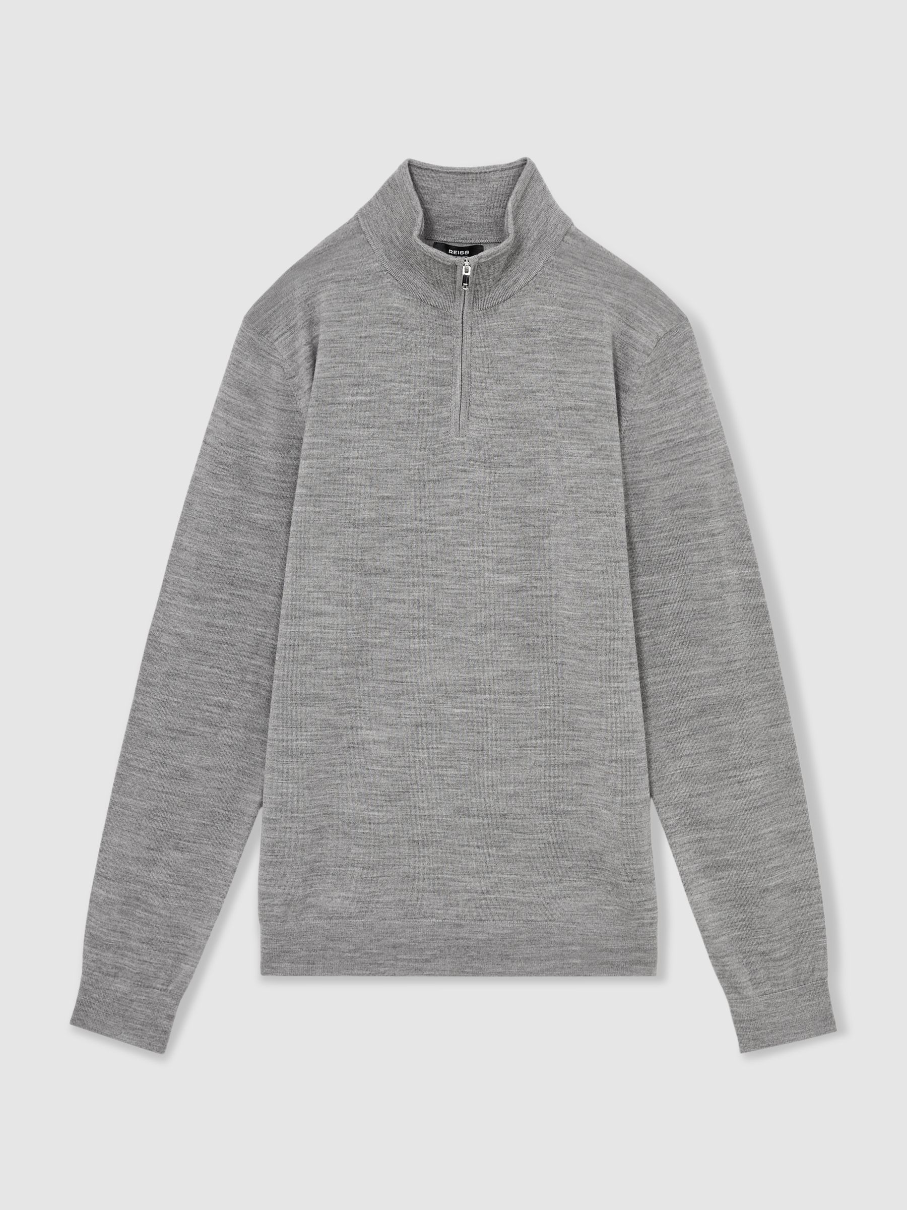 Merino Wool Half-Zip Funnel Neck Jumper in Warm Grey Melange - Image 2 of 6