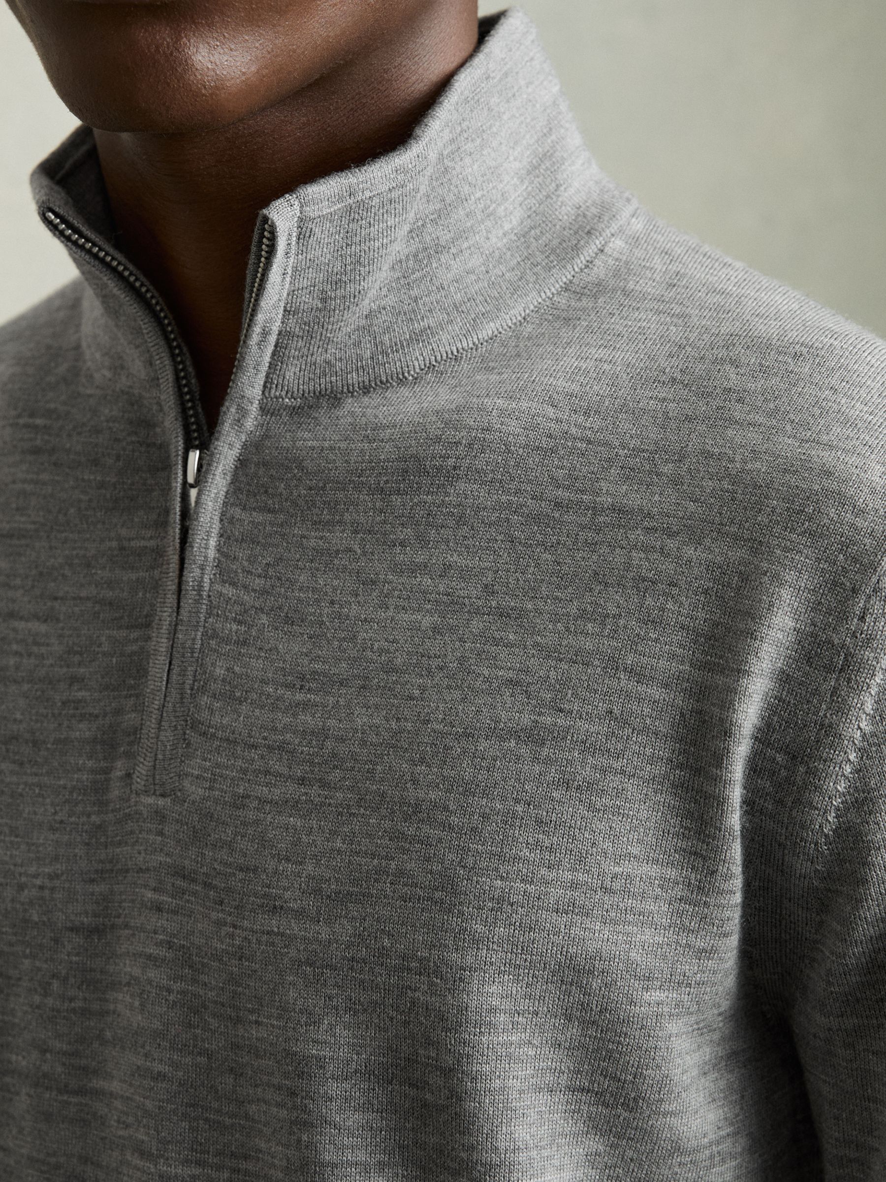 Merino Wool Half-Zip Funnel Neck Jumper in Warm Grey Melange - Image 3 of 6