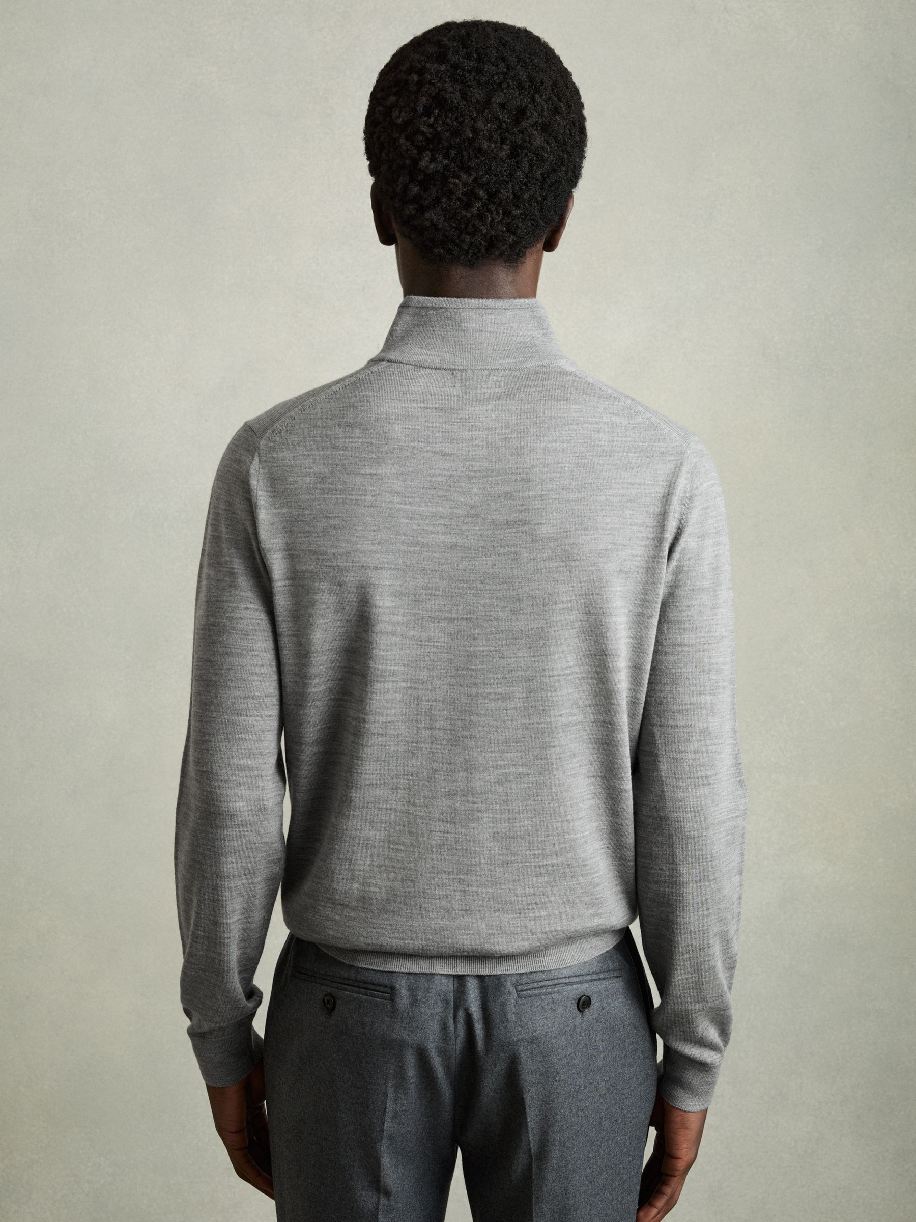 Merino Wool Half-Zip Funnel Neck Jumper in Warm Grey Melange - Image 4 of 6
