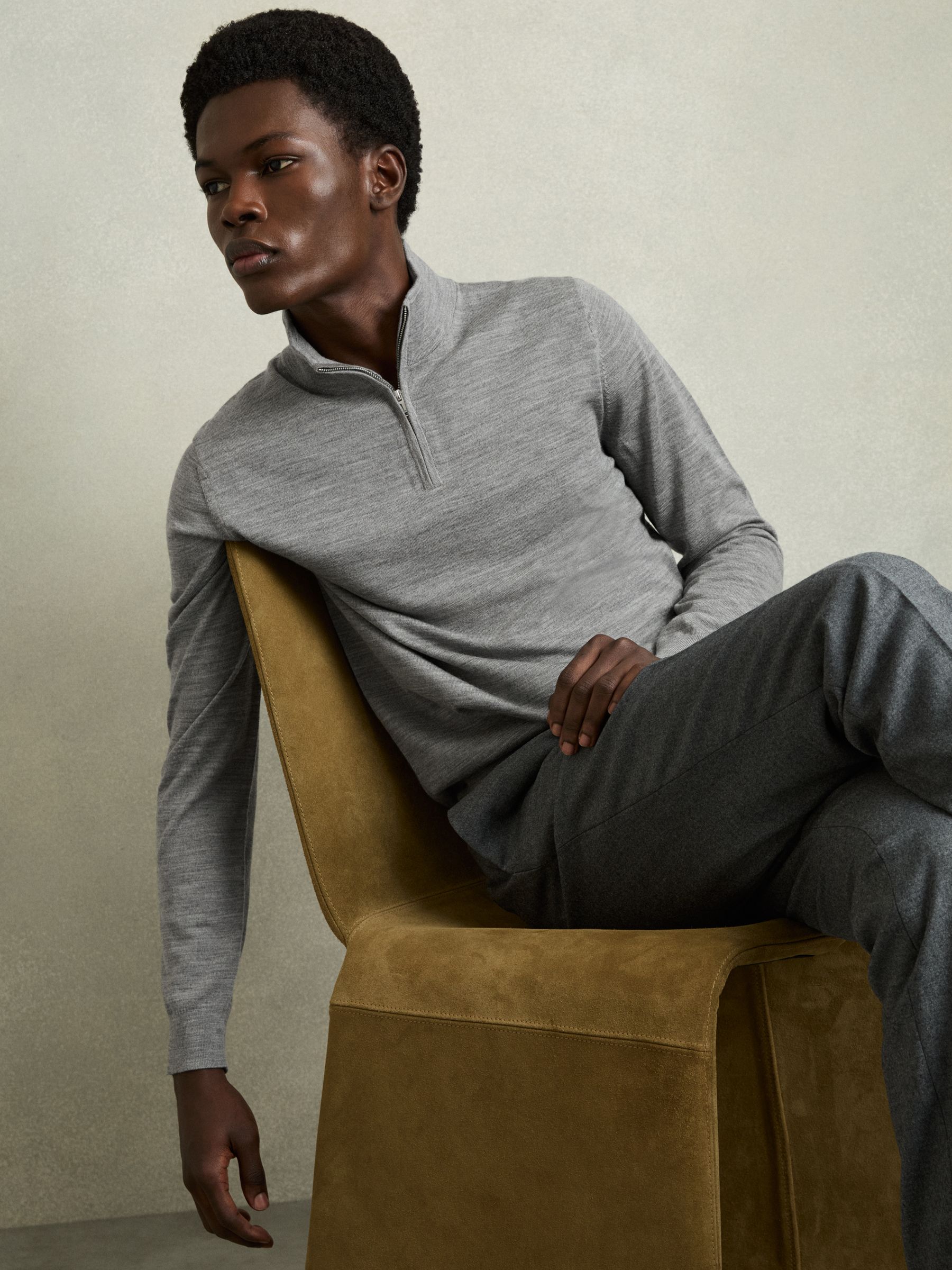 Merino Wool Half-Zip Funnel Neck Jumper in Warm Grey Melange - Image 5 of 6