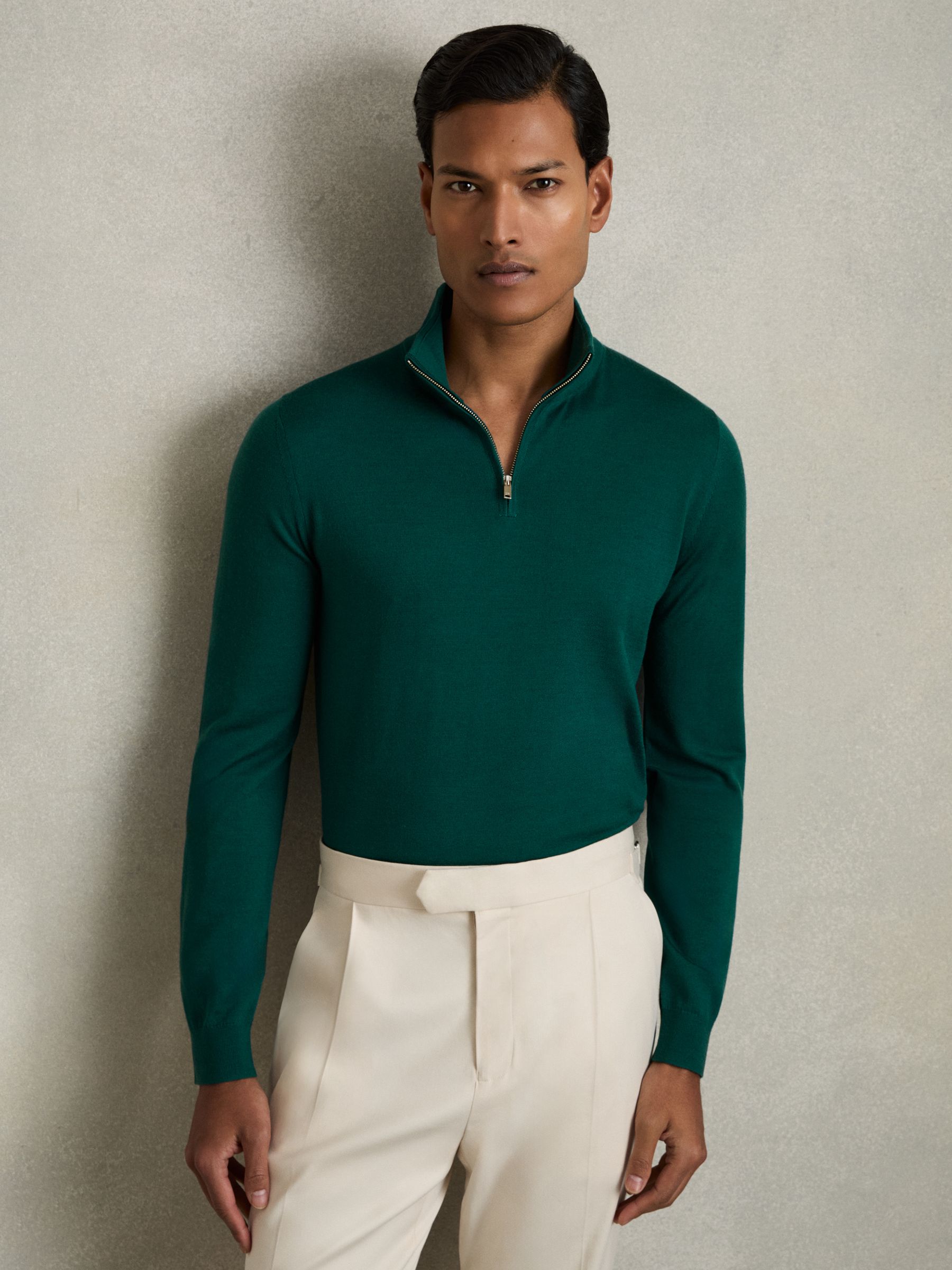 Merino Wool Half-Zip Funnel Neck Jumper in Opal Green - Image 1 of 6