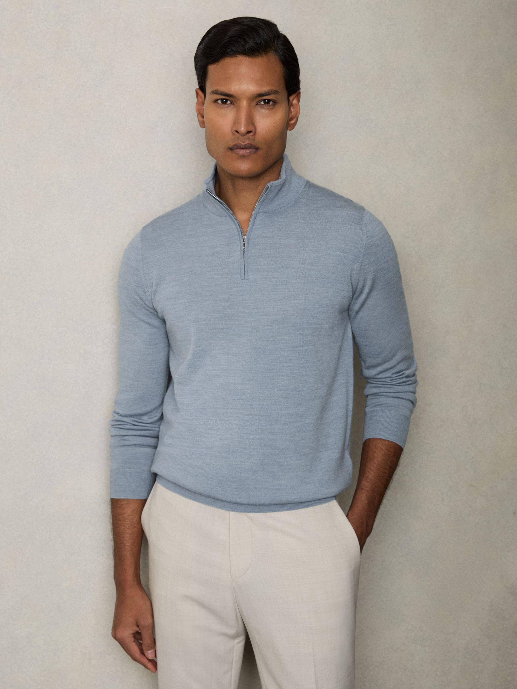 Merino Wool Half-Zip Funnel Neck Jumper in Soft Blue Melange - Image 1 of 8