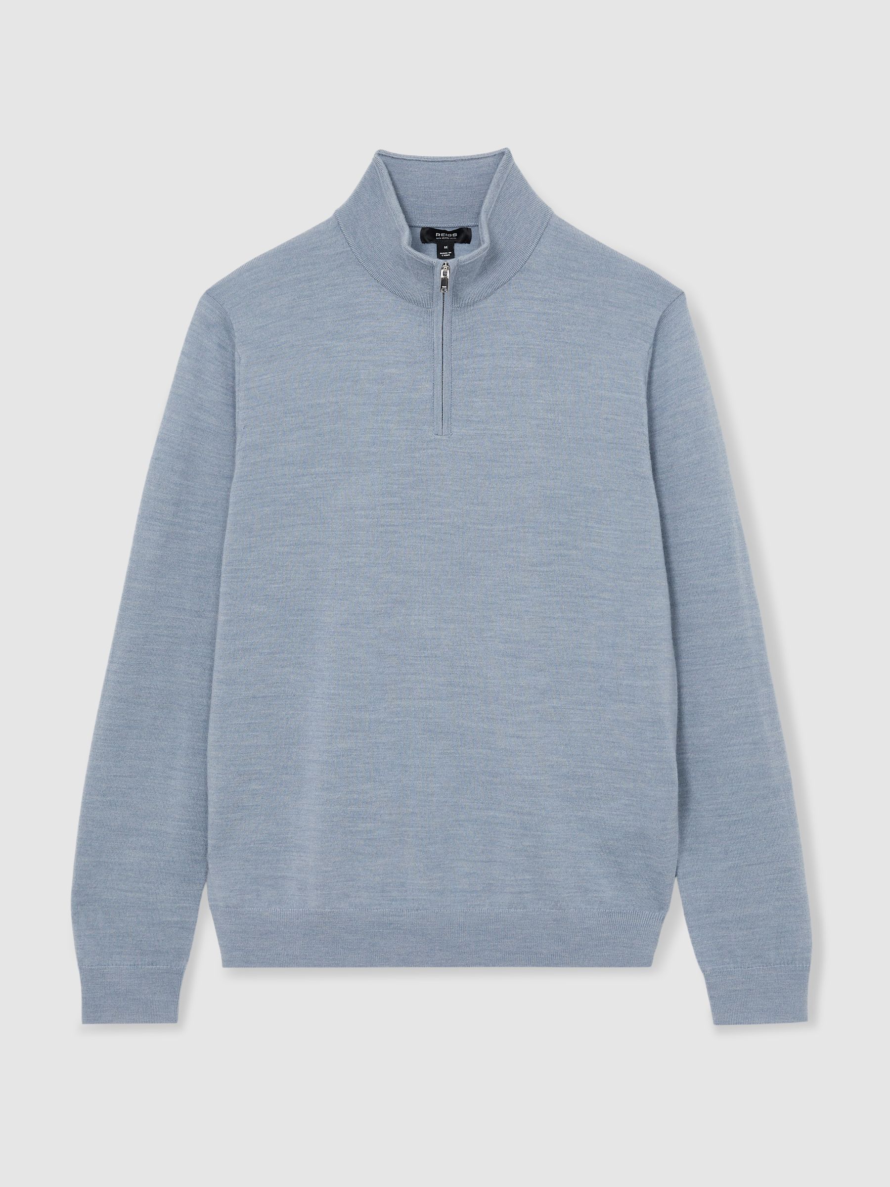 Merino Wool Half-Zip Funnel Neck Jumper in Soft Blue Melange - Image 2 of 8