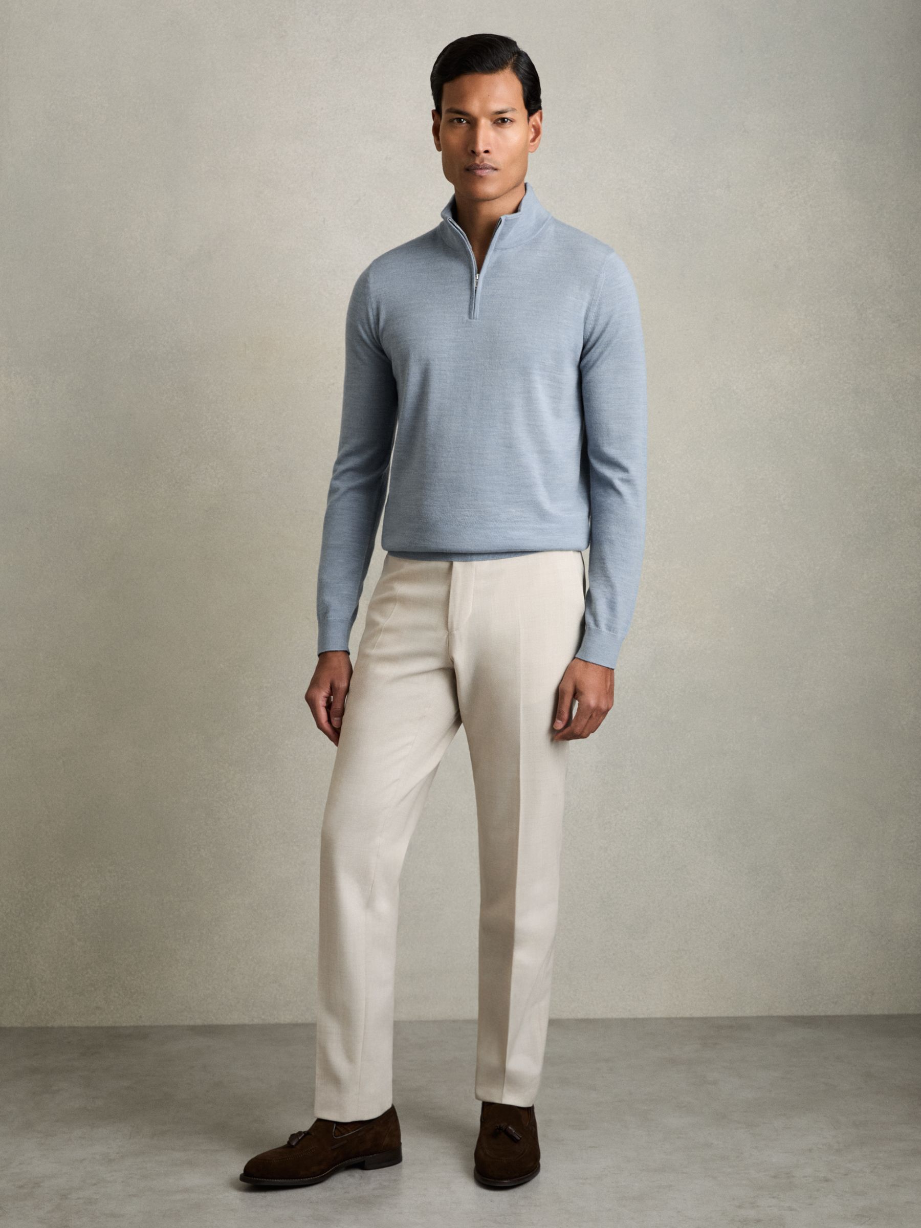 Merino Wool Half-Zip Funnel Neck Jumper in Soft Blue Melange - Image 3 of 8
