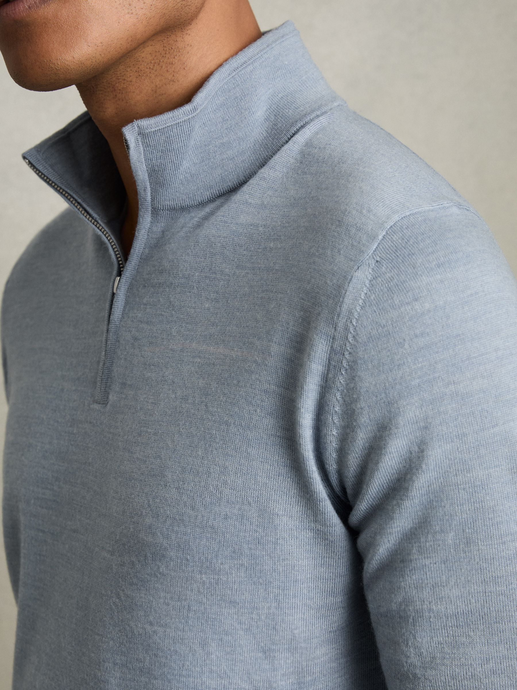 Merino Wool Half-Zip Funnel Neck Jumper in Soft Blue Melange - Image 4 of 8