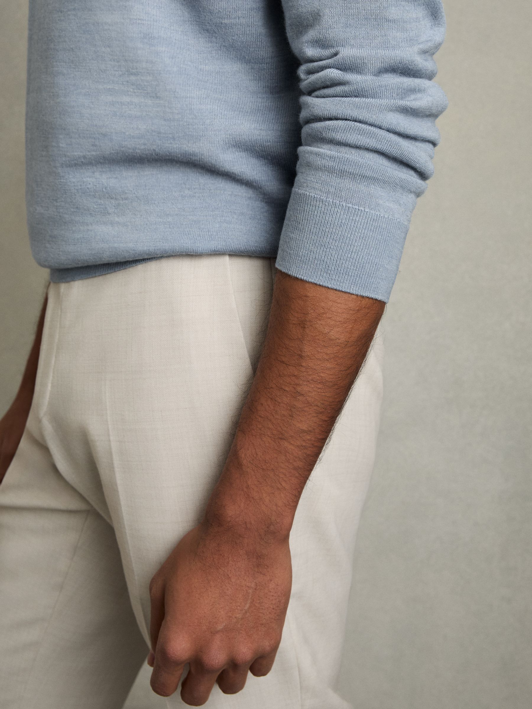 Merino Wool Half-Zip Funnel Neck Jumper in Soft Blue Melange - Image 5 of 8