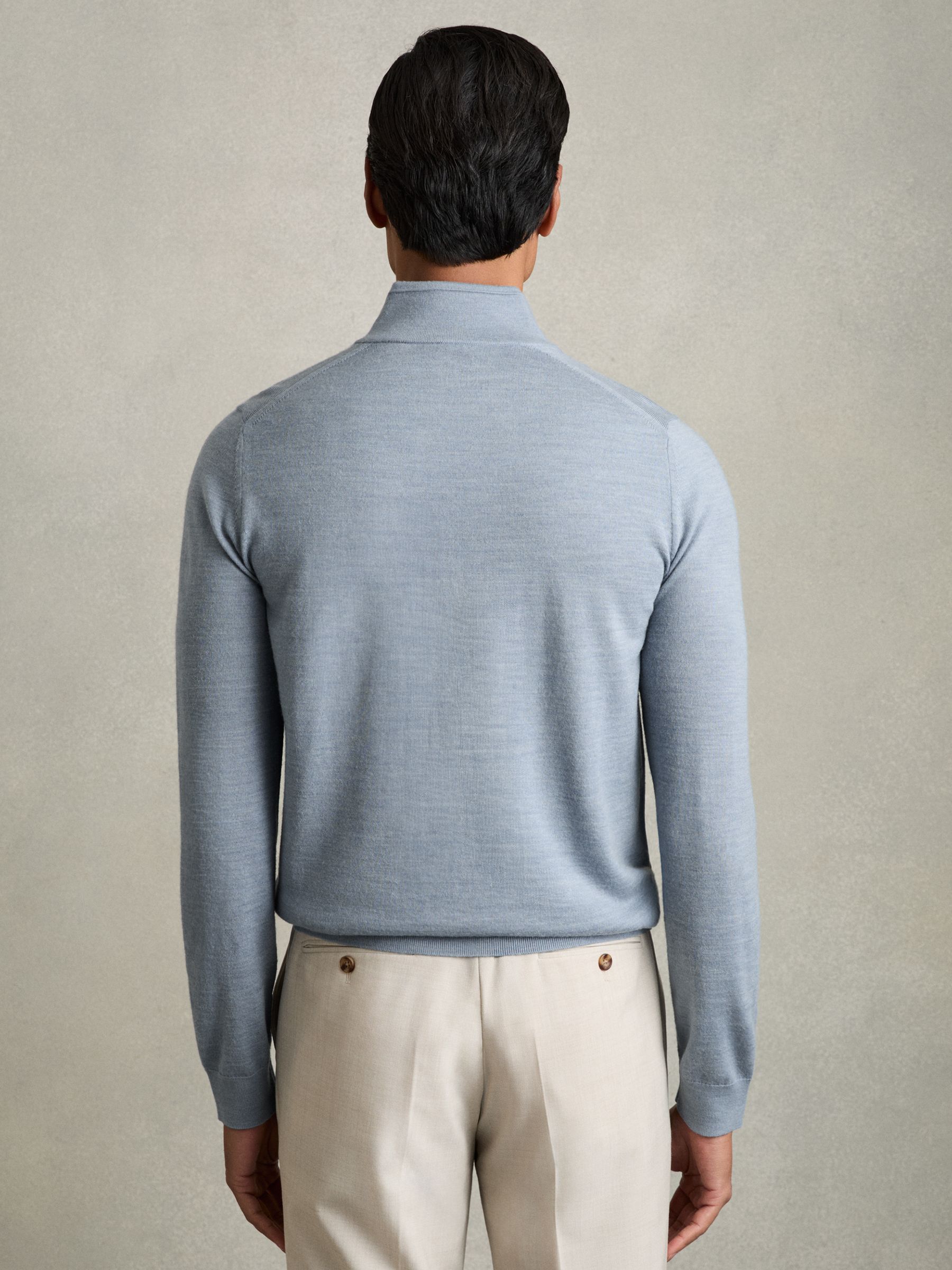 Merino Wool Half-Zip Funnel Neck Jumper in Soft Blue Melange - Image 6 of 8