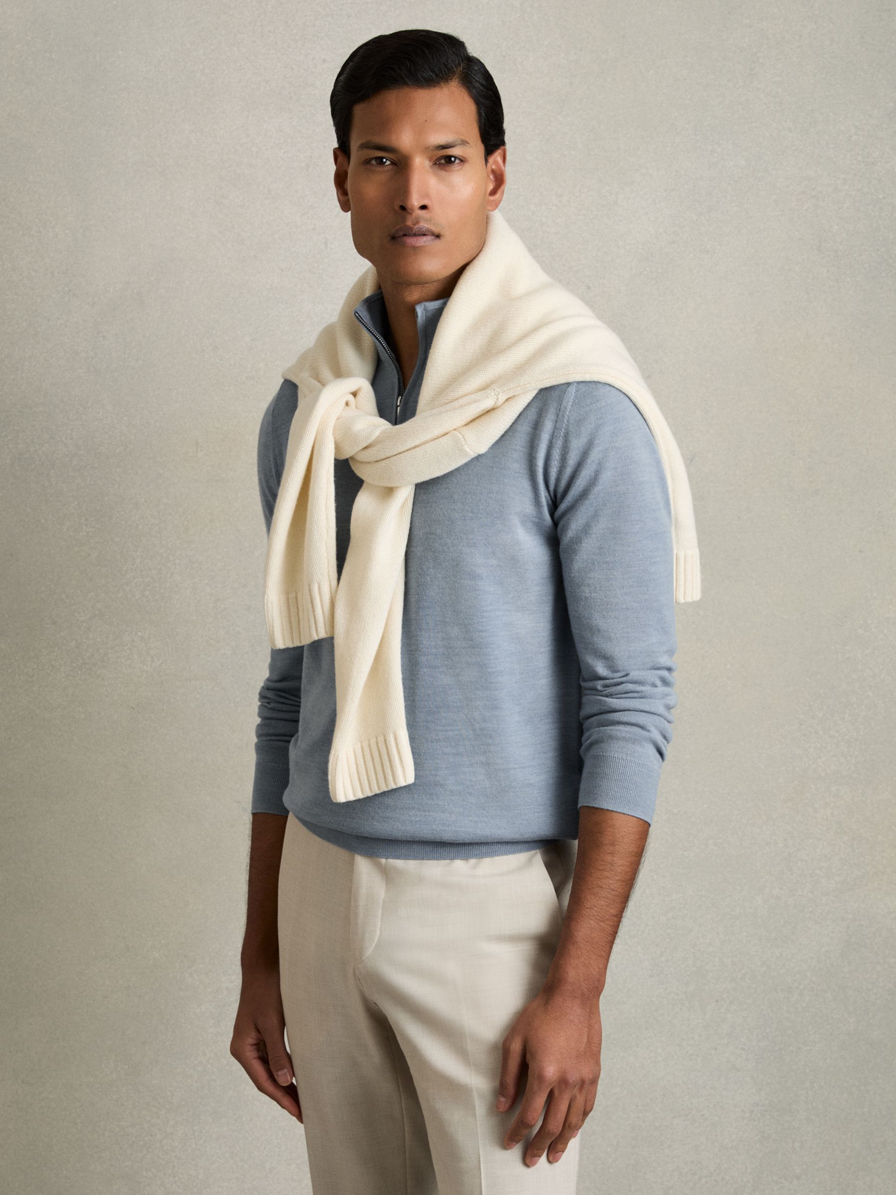 Merino Wool Half-Zip Funnel Neck Jumper in Soft Blue Melange - Image 7 of 8