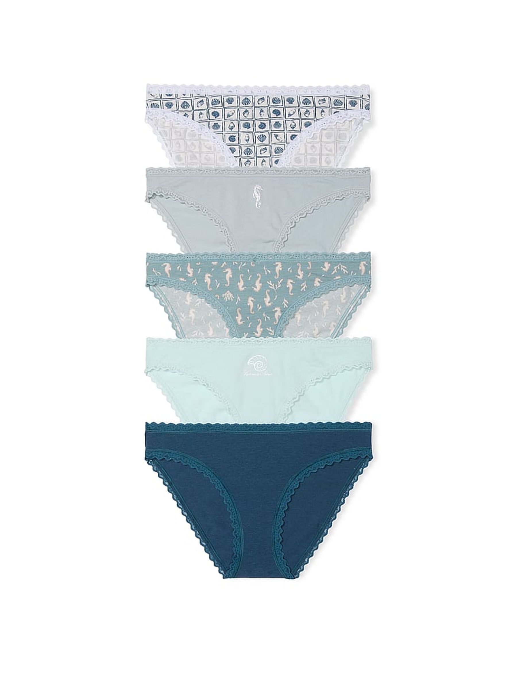 Blue/White Bikini 5 Pack Cotton Lace Trim Knickers - Image 1 of 2
