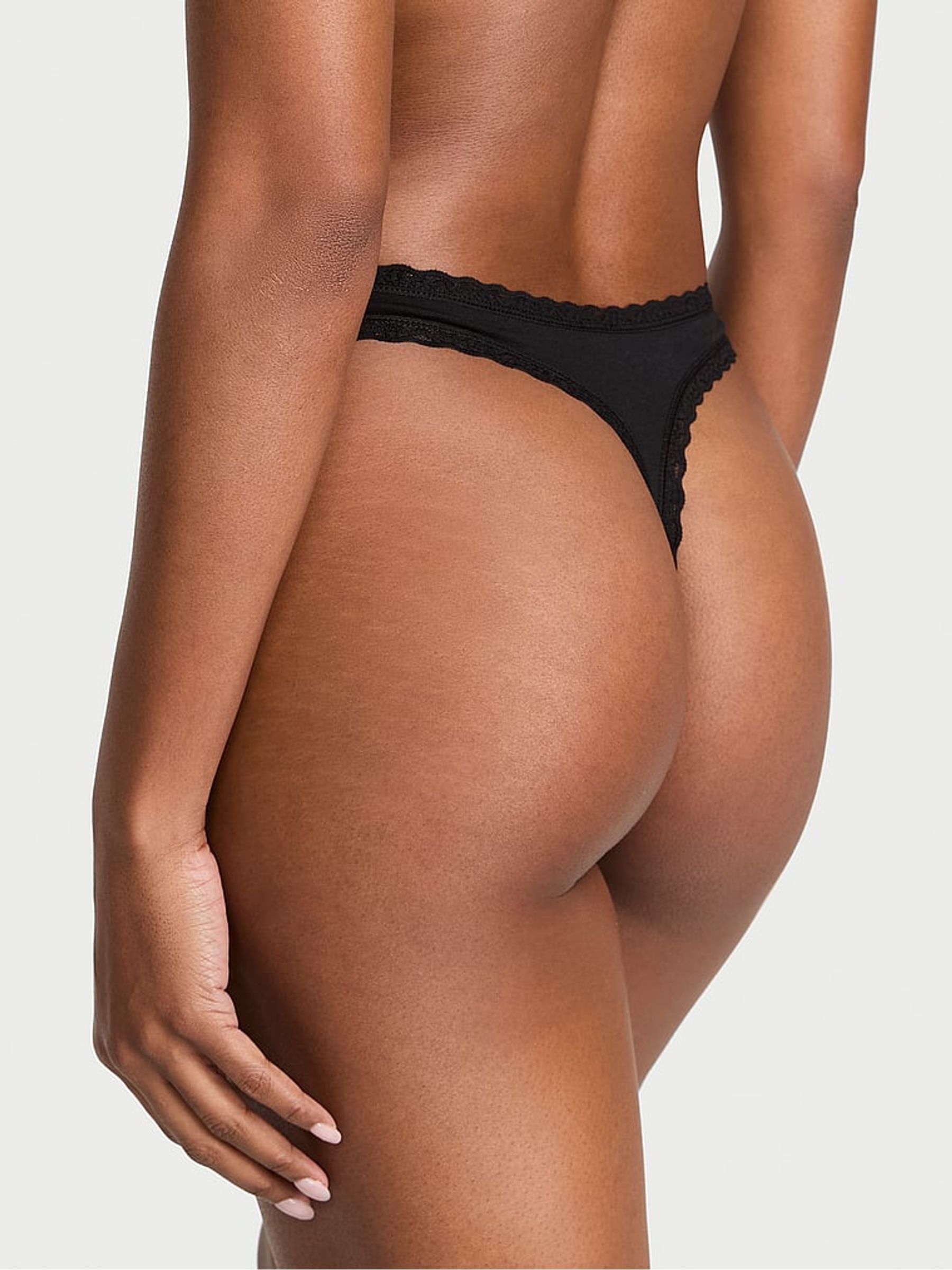 Black Thong Cotton Lace Waist Knickers - Image 2 of 3