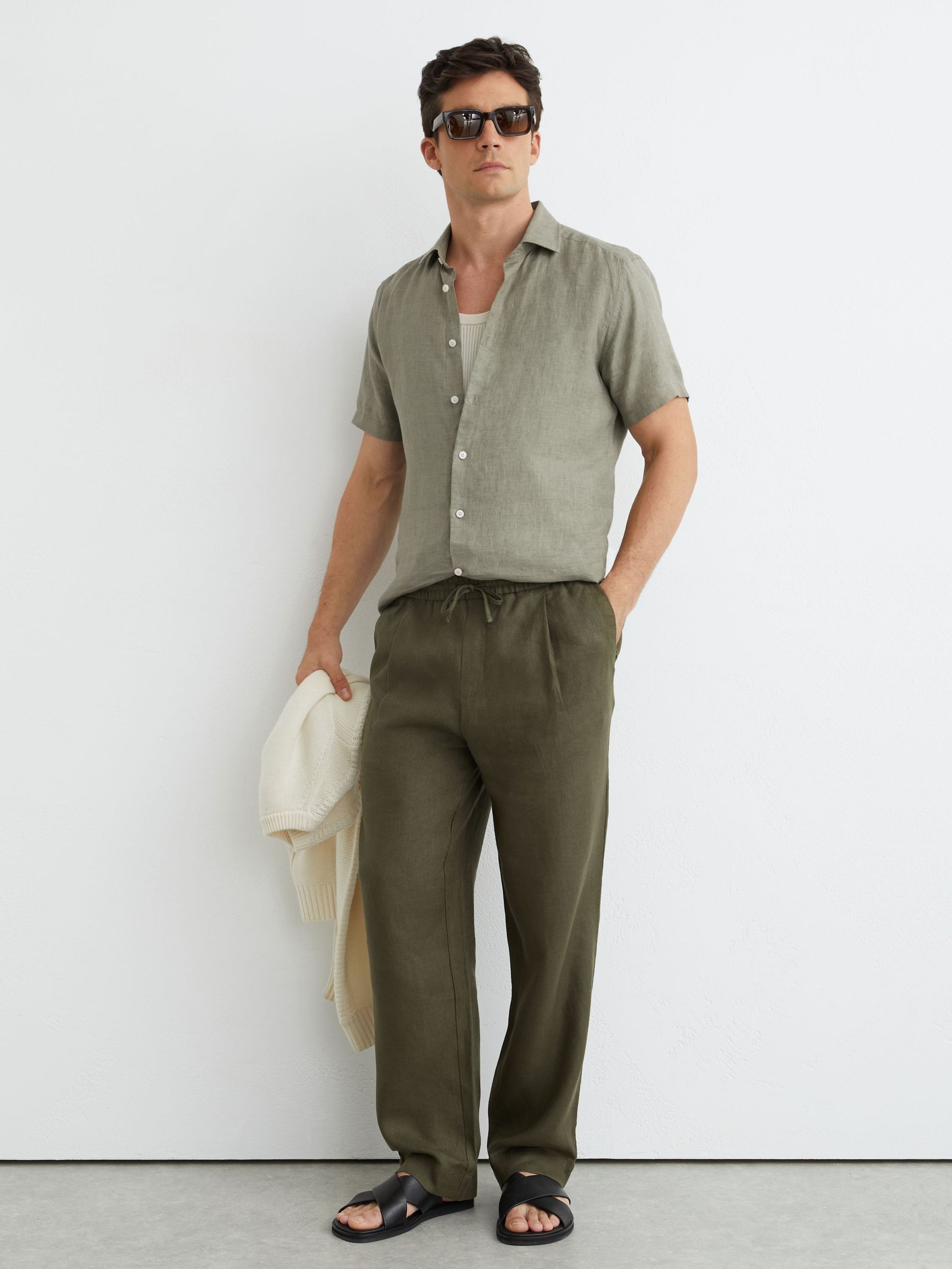 Slim Fit Linen Button-Through Shirt in Thyme Green - image 3