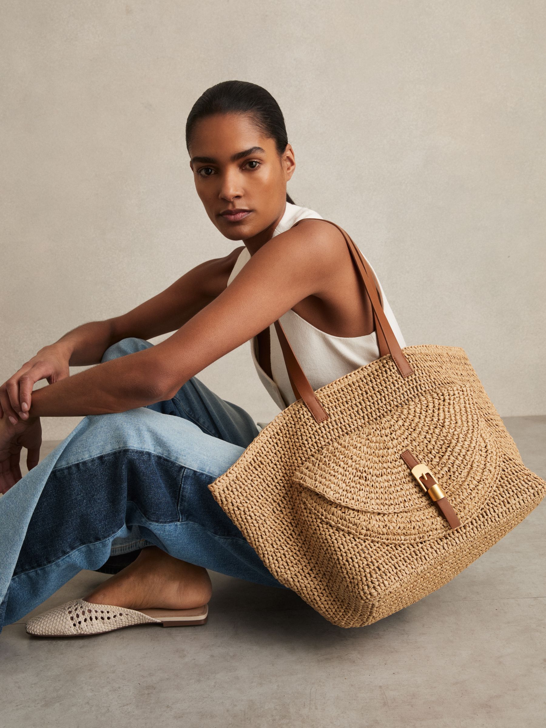 Flap-Pocket Raffia Tote Bag in Natural - Image 4 of 6