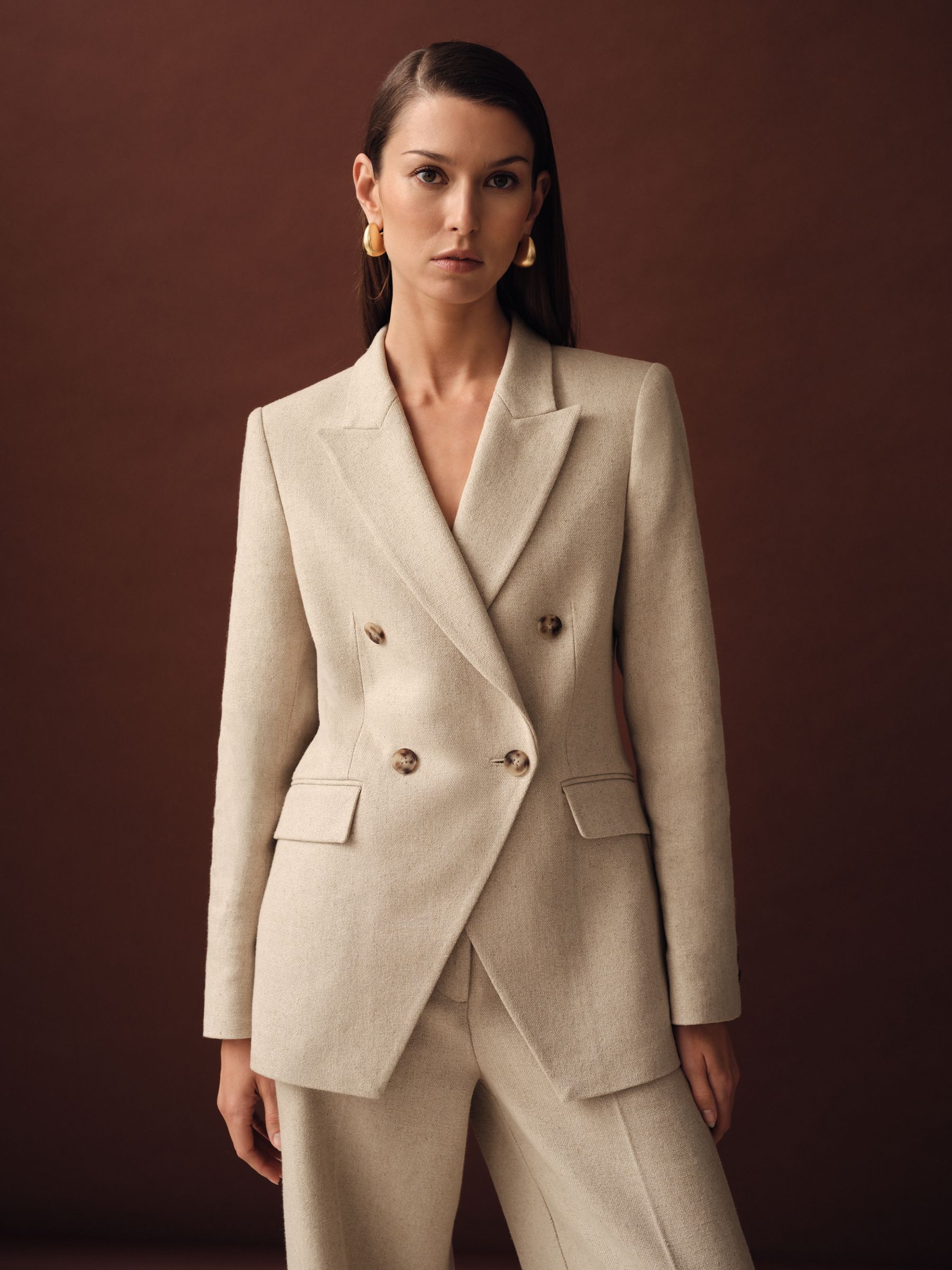 Linen-Blend Double-Breasted Suit Jacket in Neutral - Image 1 of 7