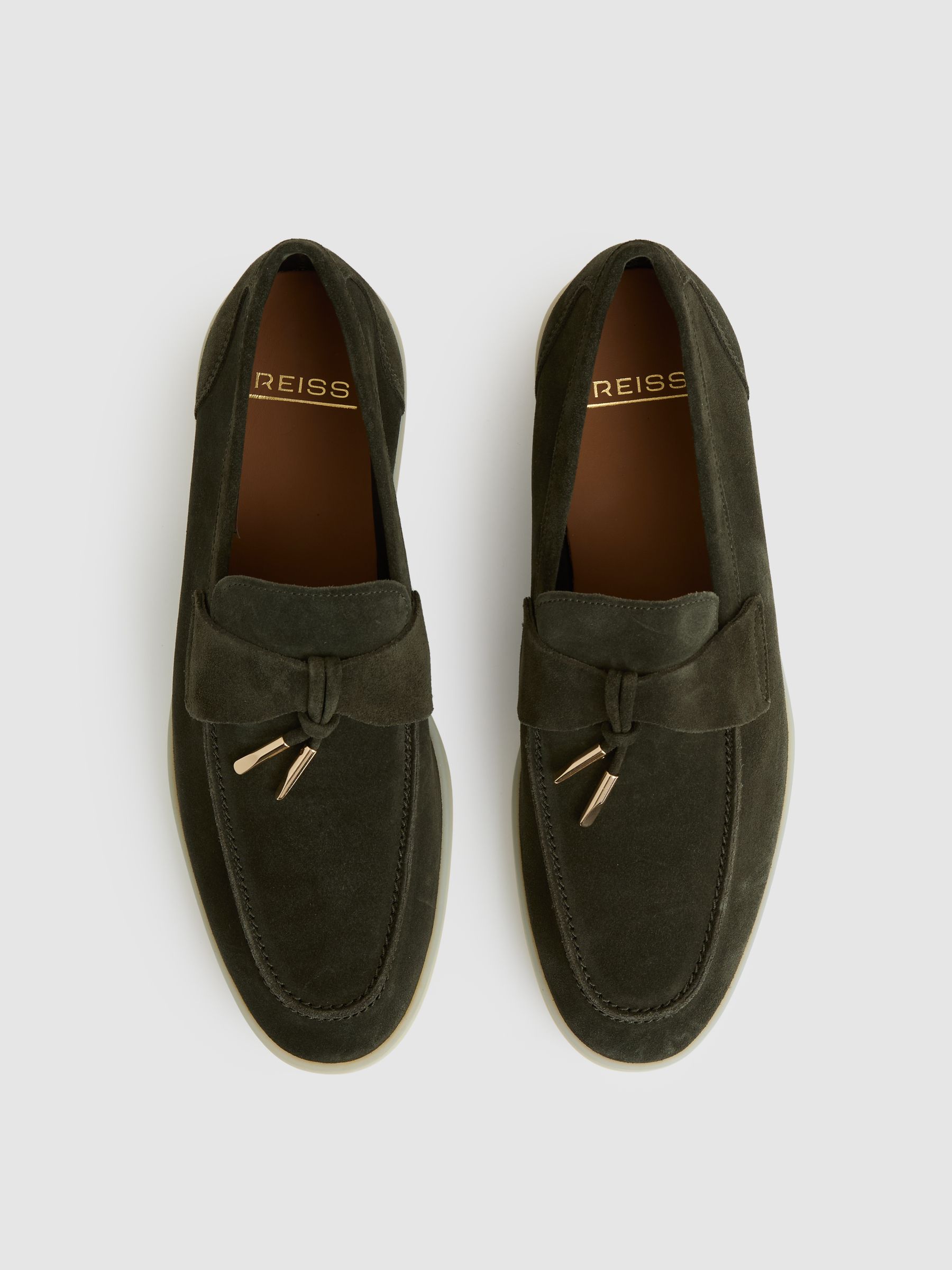 Suede Slip On Tassel Loafers in Dark Olive Green - Image 2 of 4