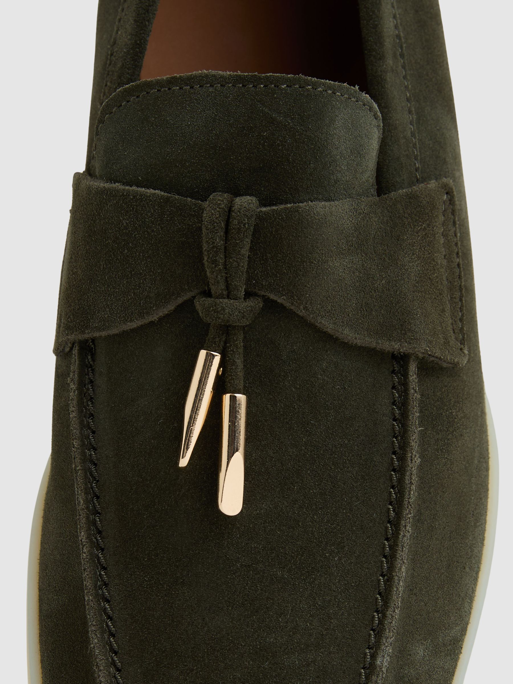 Reiss Suede Slip On Tassel Loafers in Dark Olive Green | REISS